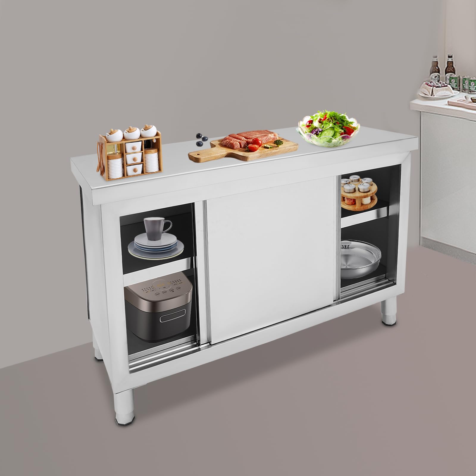 Mesa de trabajo de acero inoxidable, armario de 2 niveles de acero inoxidable con estante inferior y puertas correderas, mesa de cocina, banco de trabajo, encimera para cocinas, hoteles,