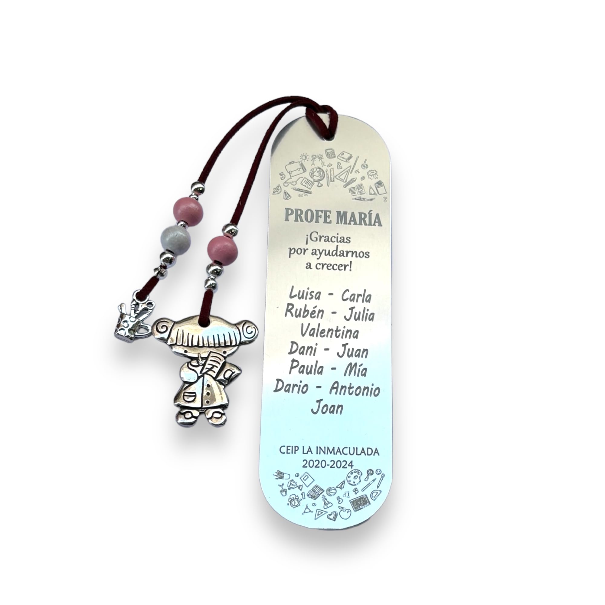 Marcapáginas para maestros personalizado con nombre de los niños y niñas. Grabado (Cordon caldera)