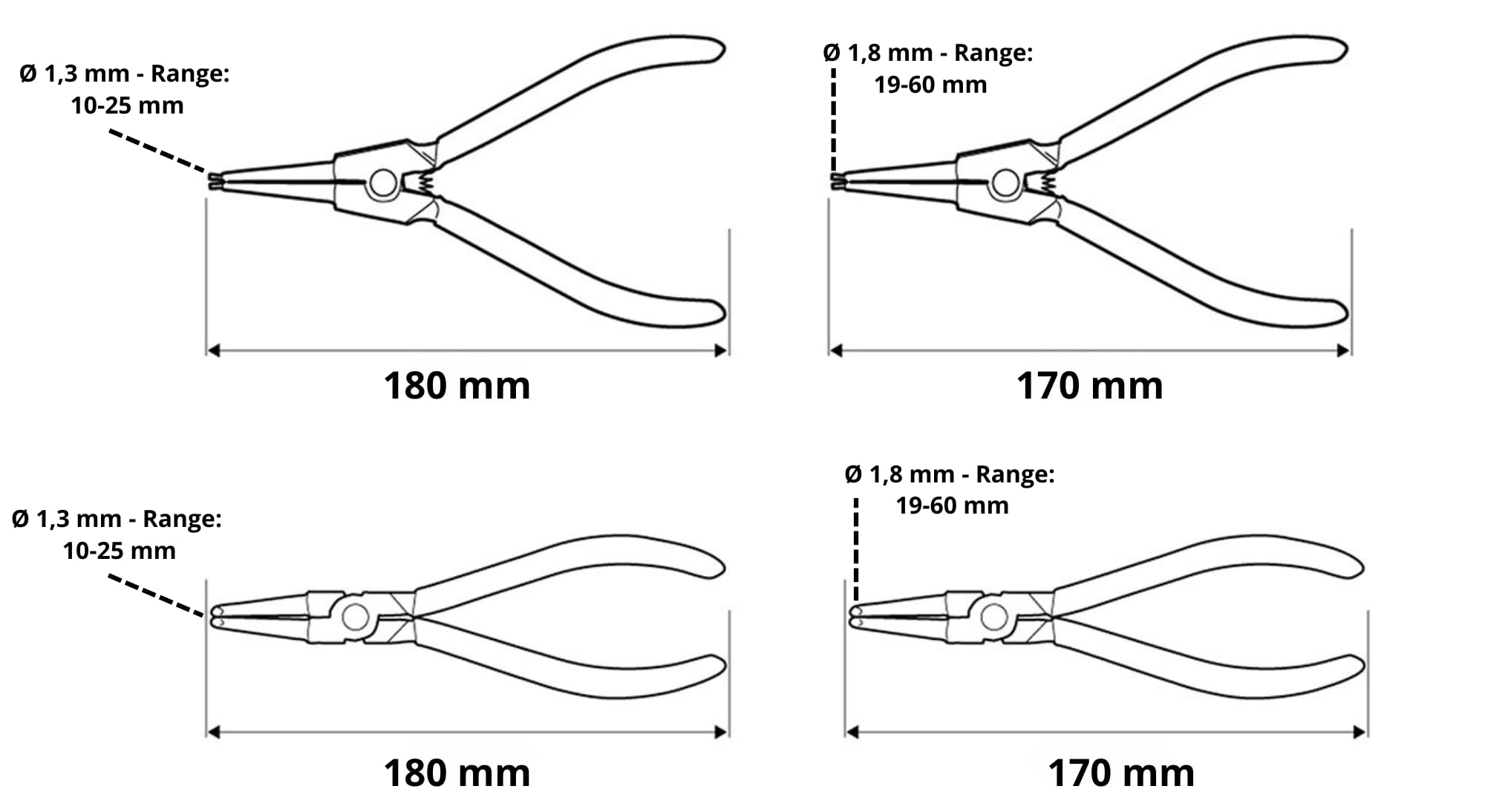 NEO TOOLS Set di 4 pinze per anelli elastici da 170/180 mm – Pinza per anelli di sicurezza dritte e curve per anello di sicurezza interno ed esterno – acciaio CrV – Pinza per anelli da mare con manici