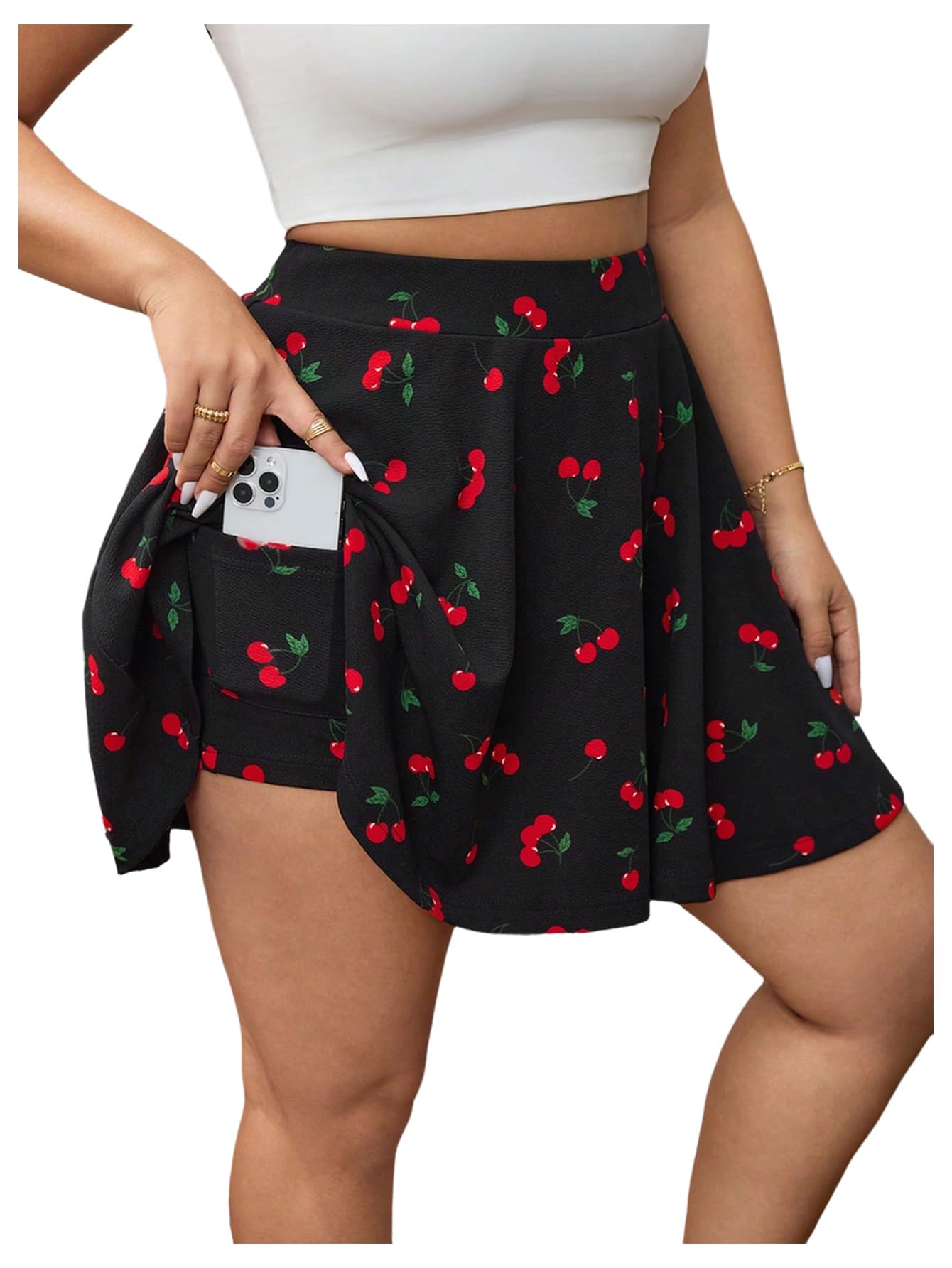 Floerns Falda pantalón corto con estampado de cerezas para mujer, talla grande, cintura alta, pierna ancha