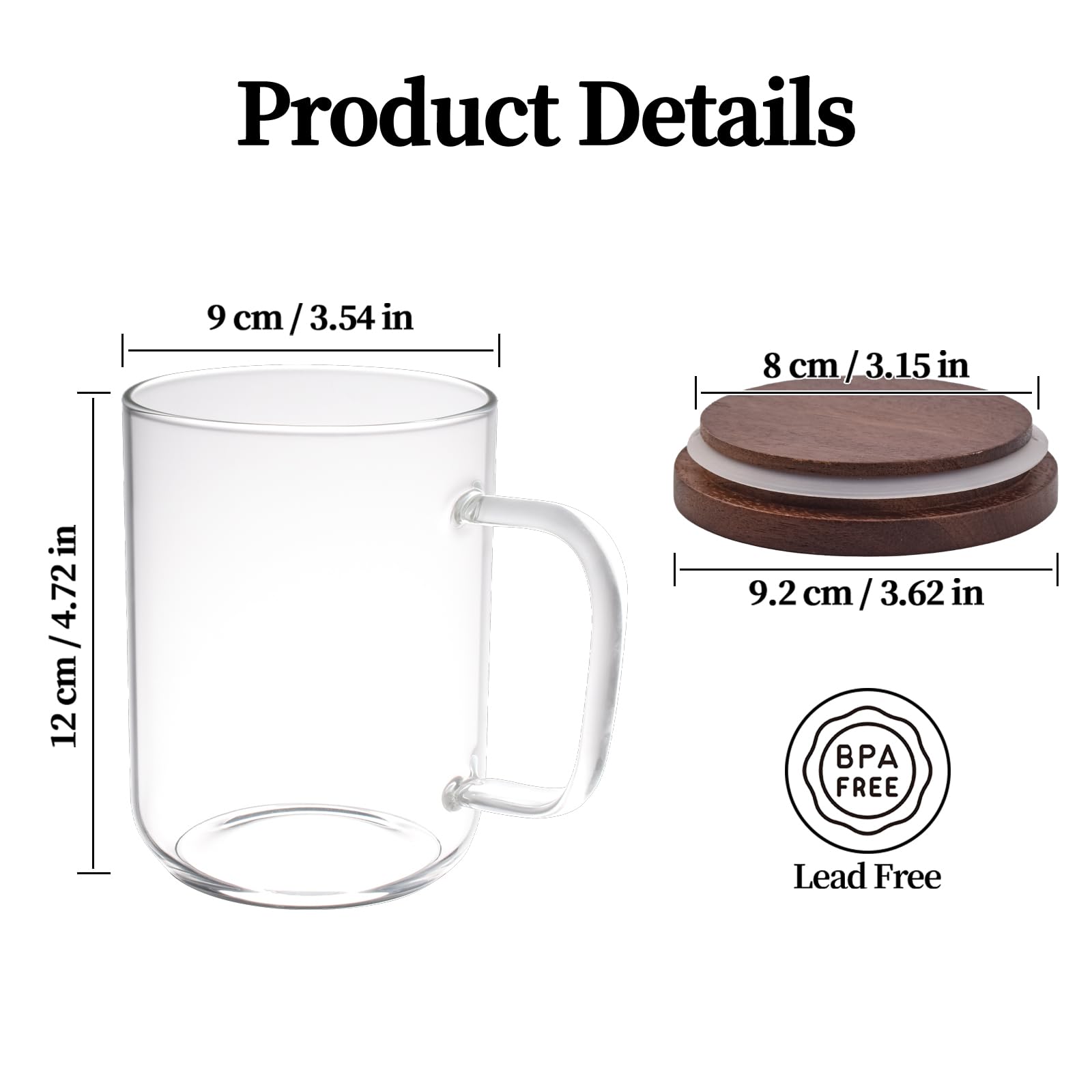Tazas de café de vidrio, tazas de café de vidrio con tapa de madera de acacia de 20 onzas, juego de 2, taza de café grande con asas, aptas para microondas y lavavajillas, tazas de café de