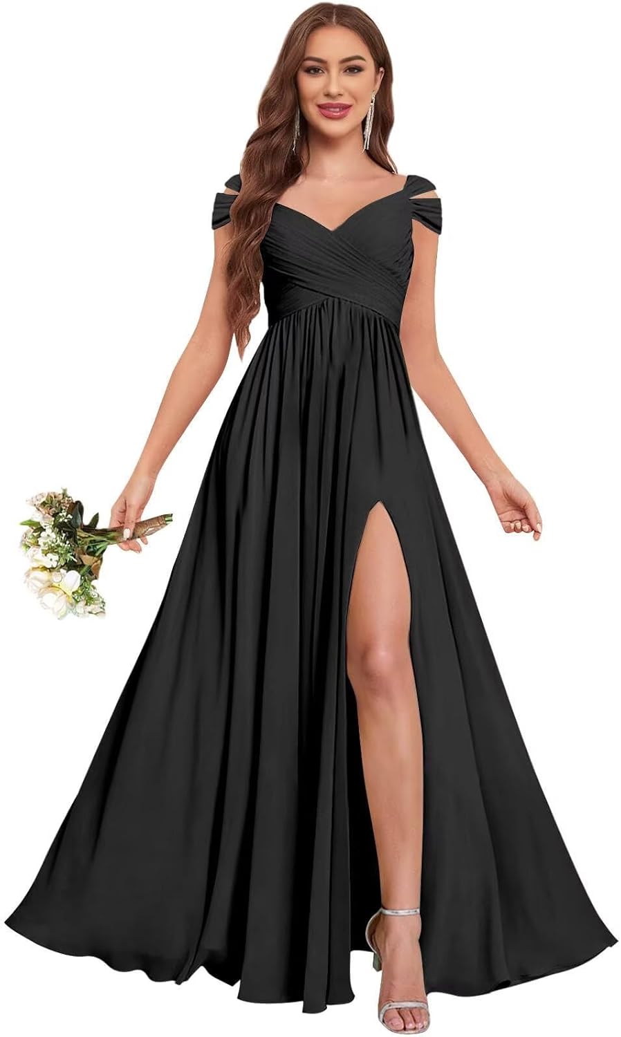 Off The Shoulder Bridesmaid Dresses for Wedding Long with Slit for Women Chiffon Pleated Formal Evening Dress