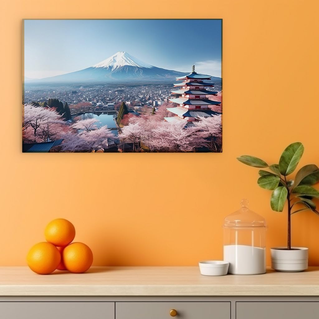 Canvas for Living room. Springtime Serenity at Mount Fuji with Cherry Blossoms Abloom and Pagoda�s Oriental Charm, 27 x 18 inch Canvas Wall Art - Contemporary Masterpieces - Spiritual Home Decor