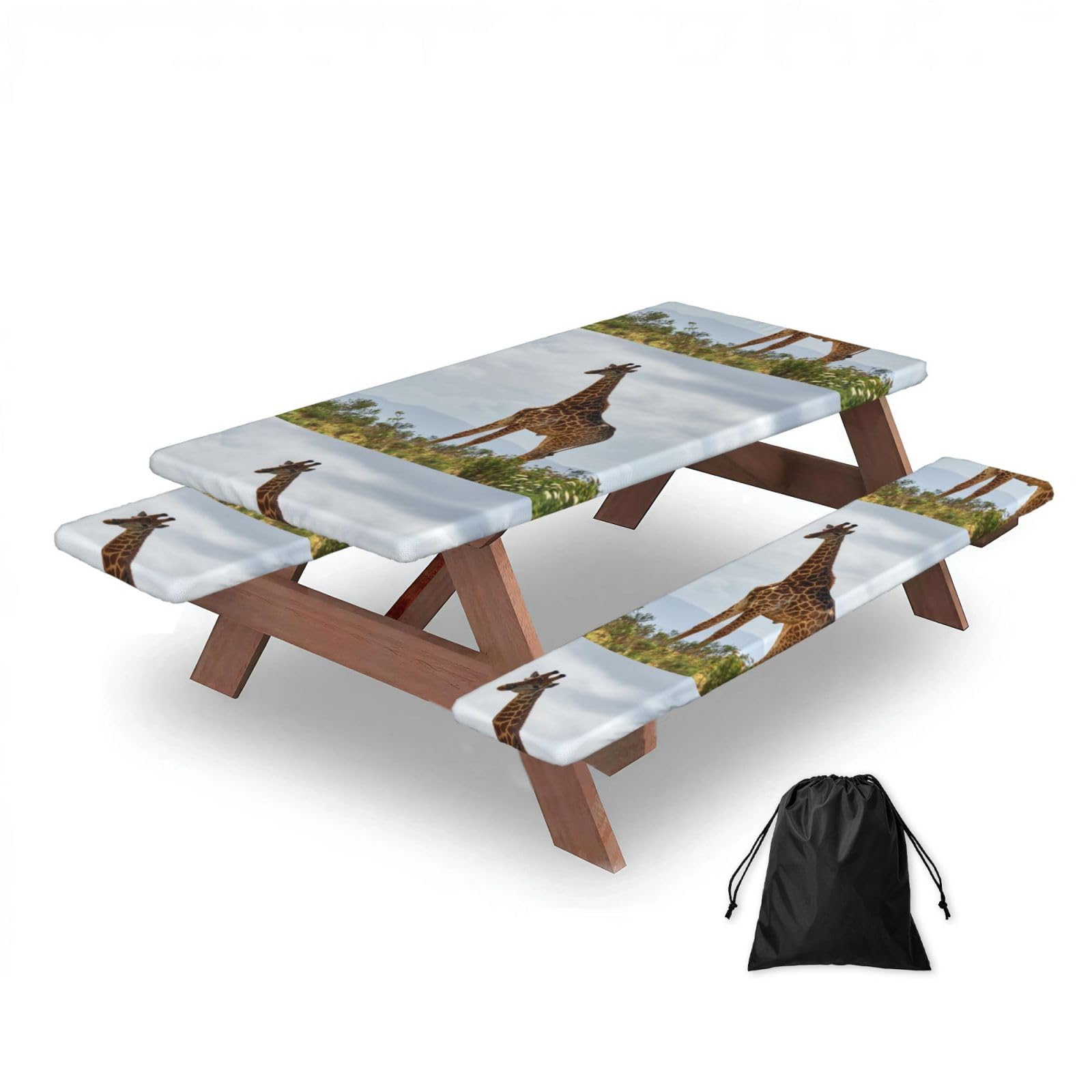 Dopklna As Picture Giraffe, Picnic Table Cover With Bench Covers -Waterproof Elastic Fitted Tablecloth For Garden Camping Patio 76X152cm
