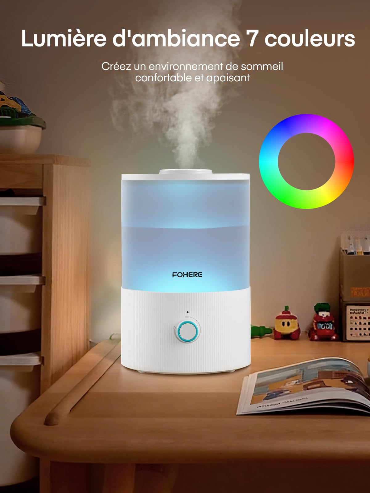 FOHERE Humidificateur d'air Chambre Silencieux 3,2L Top-Fill