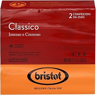 Bristot Classico Italian Breakfast Espresso – Intense & Creamy – 2-Pack 250 g Each – Medium Roast – For Moka, French Press & Pour Over – 1.1 lb – 500 g