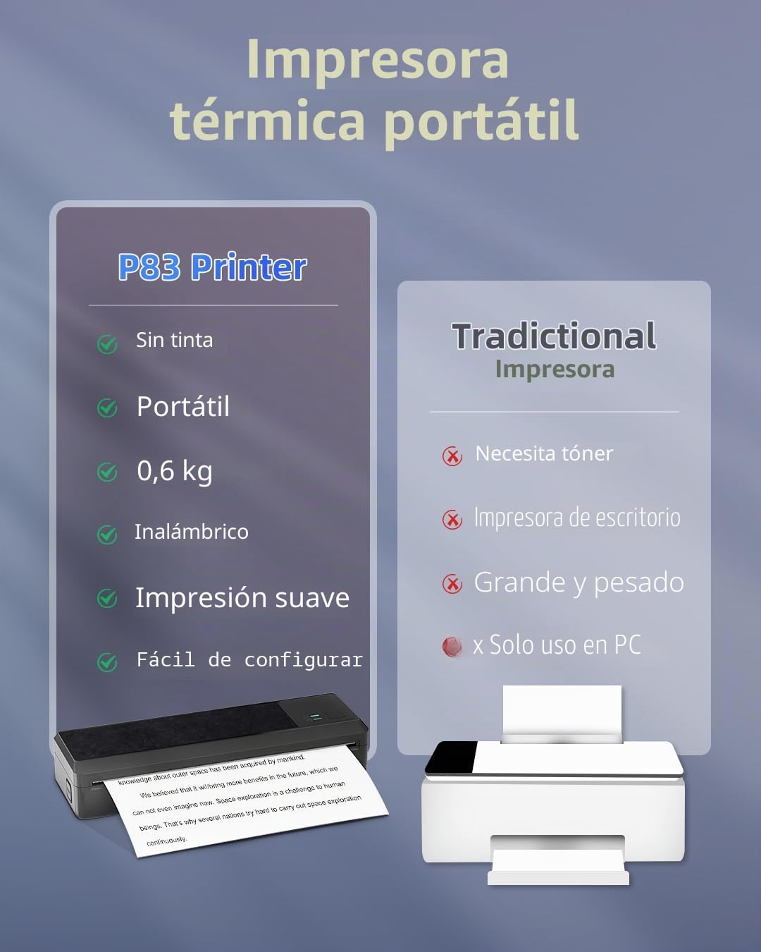 P83 Impresora Térmica A4, Impresora Portátil, Impresora Móvil Compatible con iOS & Android, Impresora Térmica Bluetooth soporta Papel térmico A4 para Viajar casa Oficina Escuela
