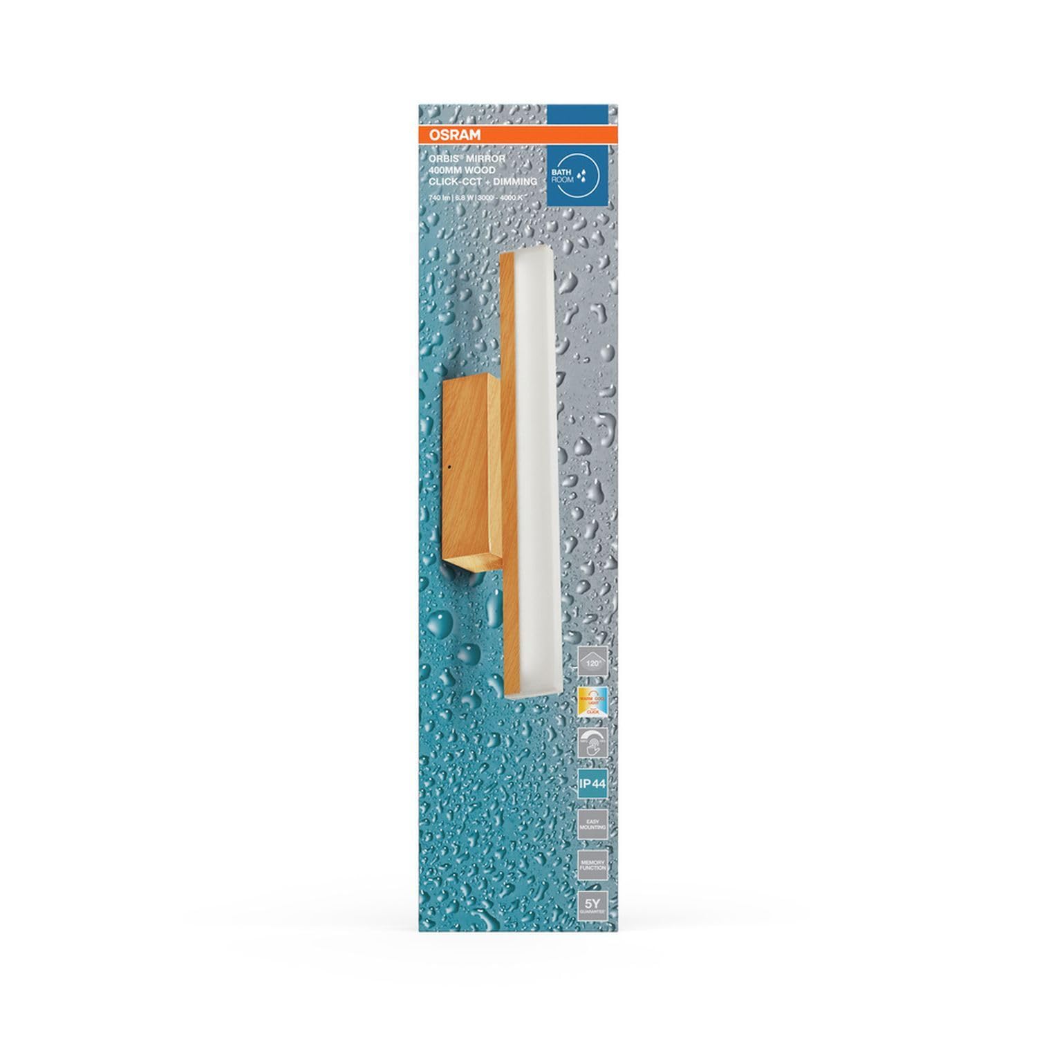 Licht-Erlebnisse LED Spiegelleuchte Aluminium Holz 3000-4000 K Touch dimmbar Click-CCT IP44 modern WC Flur Gästezimmer L:40 cm Wandlampe Badezimmer