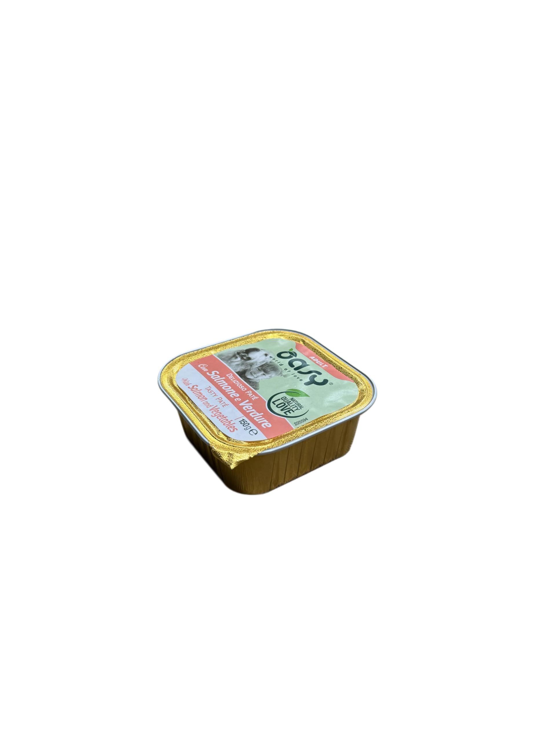 Oasy delizioso patè per cani adulti di tutte le taglie, gusto SALMONE e VERDURE | 11 vaschette da 150 grammi l'una.