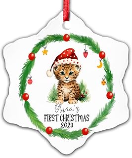 Dinoz Baby First Christmas Leopard Animal Lover, Santa Claus Hat Animal Décor Peronalized Name Printify Ceramic Snowflake Ornament Both Sided Printed Home Keepsake Gifts Decor