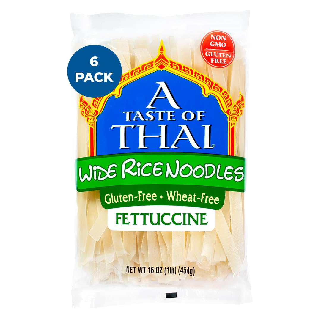 A Taste of Thai Fettuccine Rice Noodles (Straight Cut)| Restaurant-Quality Thai Flavor in Minutes | Vegan, Gluten-Free,Wheat Free, Non-GMO| Perfect for Stir-Fries, Soup & Asian Dishes 16 oz, Pack of 6