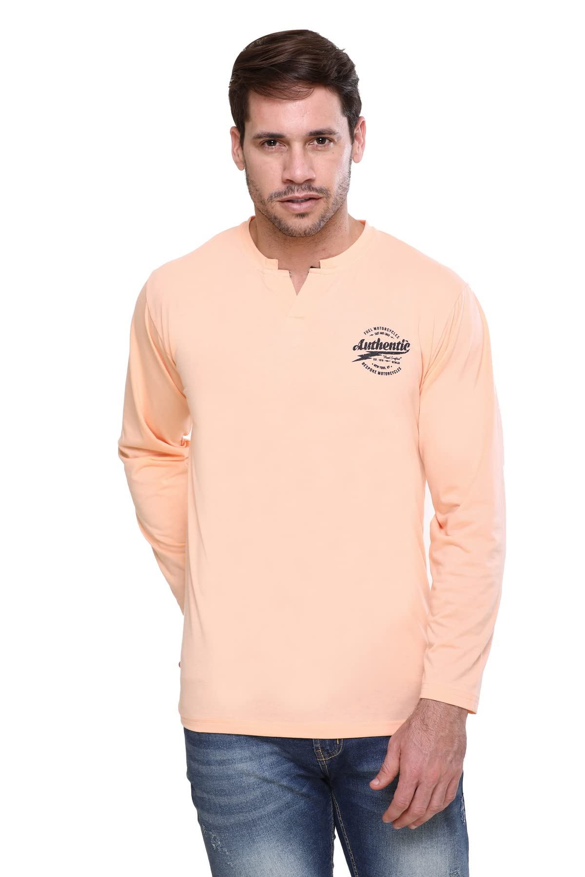 HVBK Men Full Sleeve Henley Neck Printed T-Shirt (15-B-Orange-M)