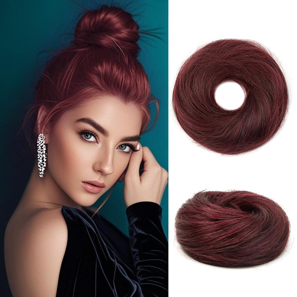 1PCS Messy Bun Hair Piece Human Hair #99J Natural Curly 100% Real Human Hair Fluffy Hair Buns for Women Ponytail Extensions(#99J Wine Red)