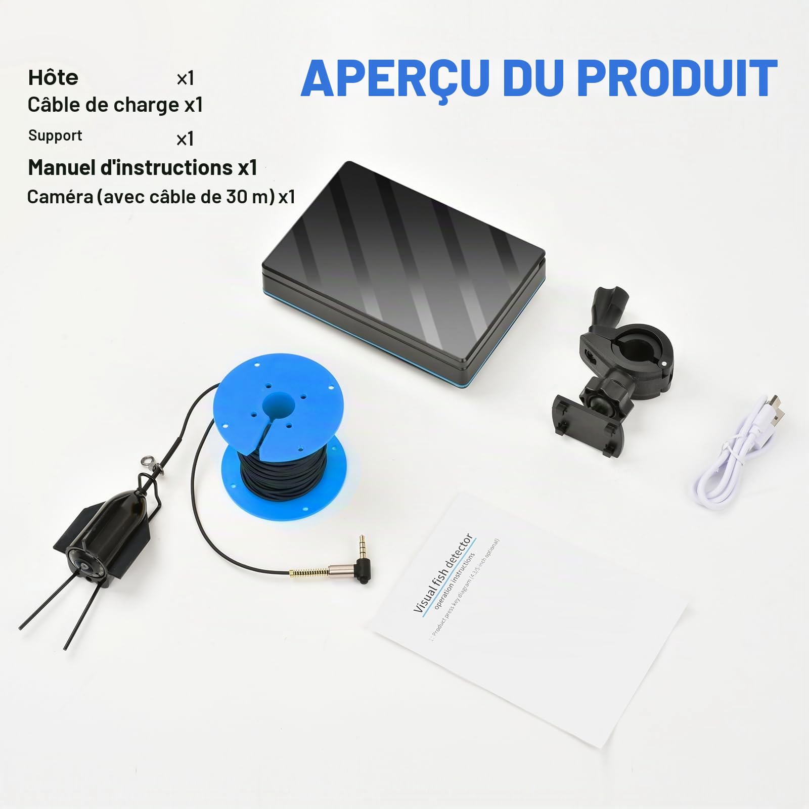 Fish Finder Sondeur Bateau, Caméra sous-marine avec écran IPS de 5 pouces, vision nocturne infrarouge, grand angle, hôte IP65, étanche, pour glace, rivière et bateau
