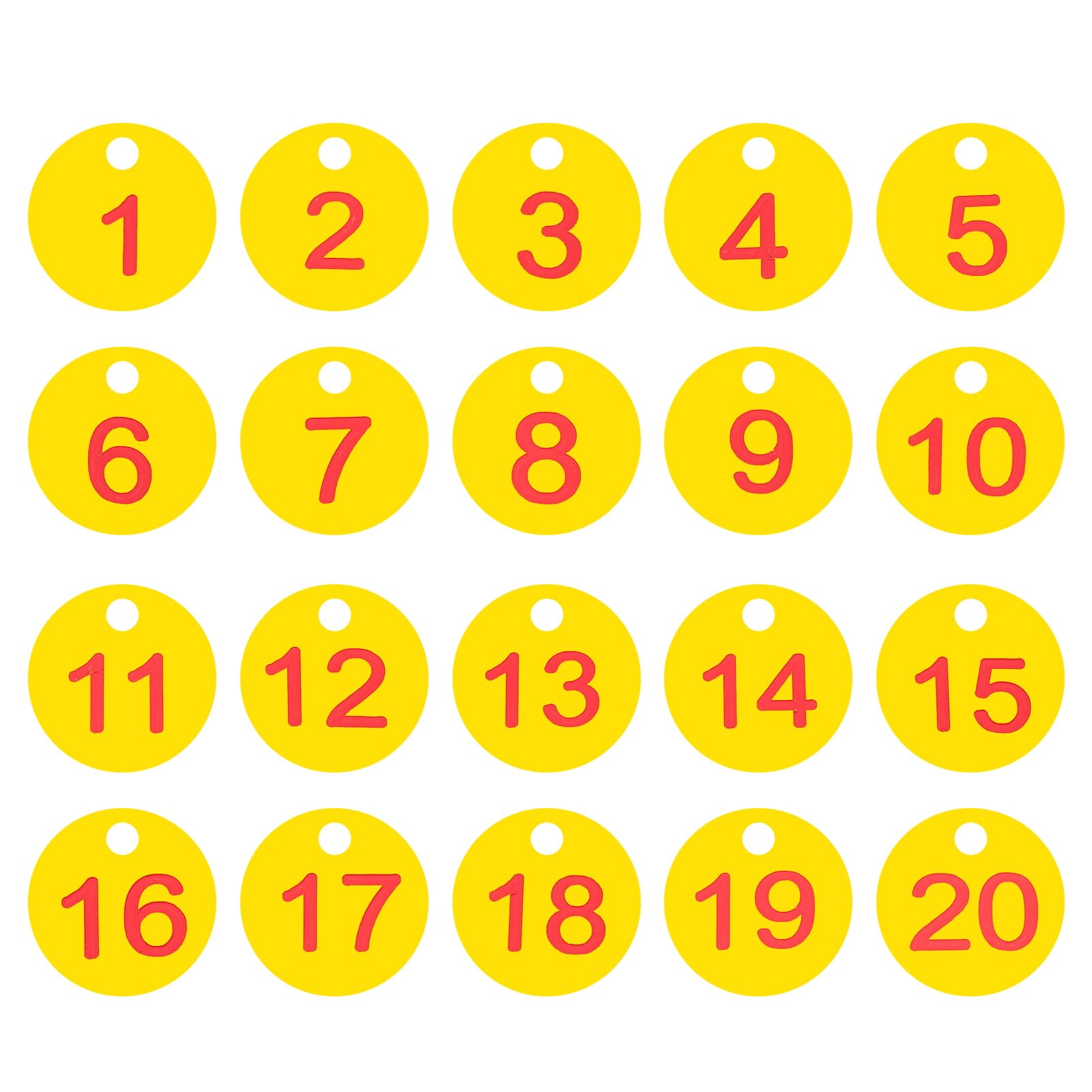 PATIKIL 1-20 Numbers Tags Plastic Round Numbered Marking Identify ID Key Hang Tag for Dormitory Key Chain Box Gym Cabinet Lockers, Yellow with Red Text