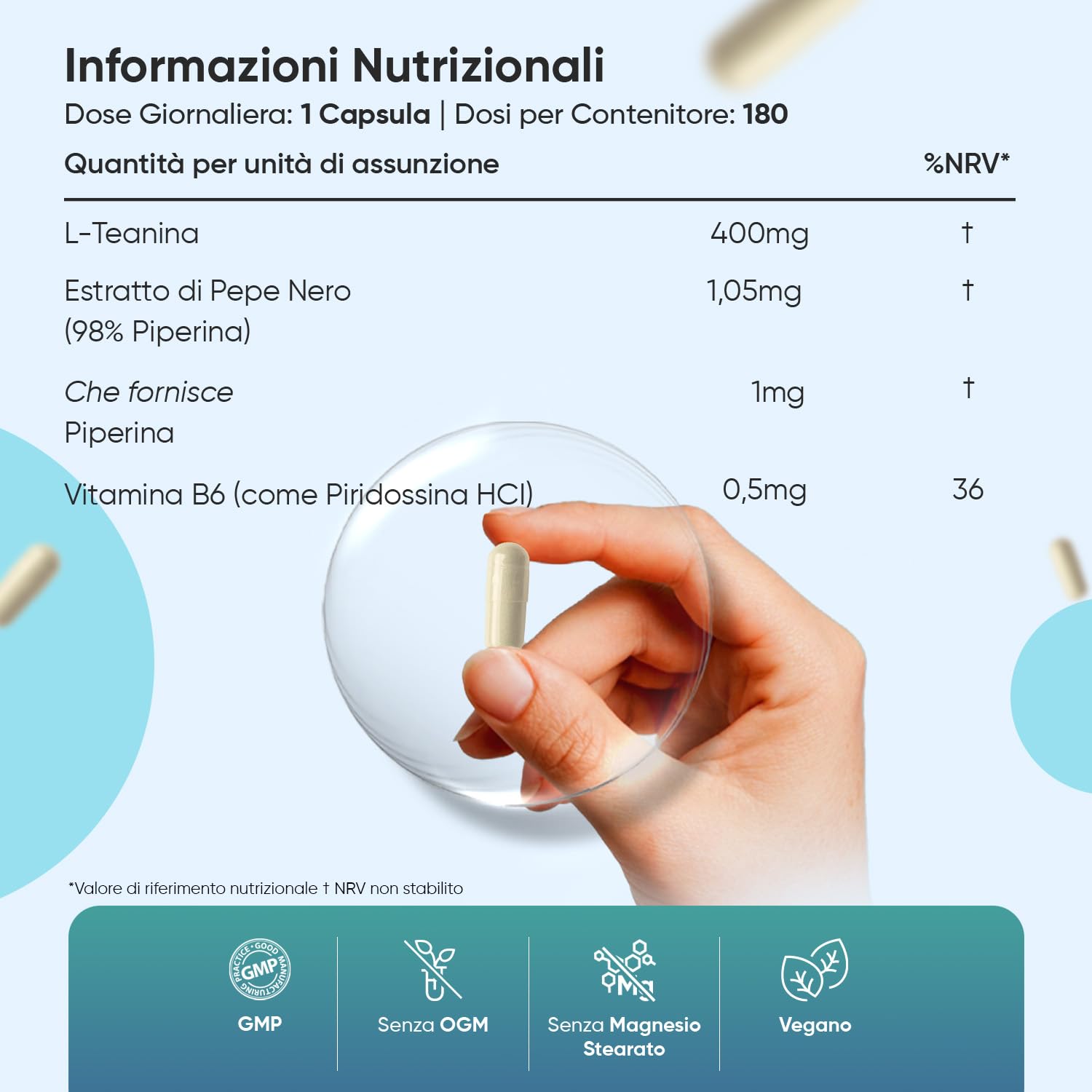 L Teanina 401mg, 180 Capsule Vegane, 1 al Giorno (6 Mesi di Scorta), L-Teanina Estratta dalla Camellia Sinensis con Pepe Nero e Vitamina B6, Aminoacido L Theanine da Tè Verde, Senza Magnesio Stearato