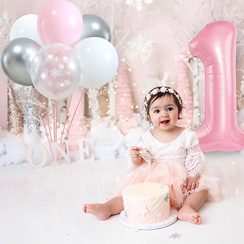 Miniatura 4 de Globos de copo de nieve color rosa blanco plateado globos de invierno para baby shower niñas primer cumpleaños fiesta de invierno en el país de las
