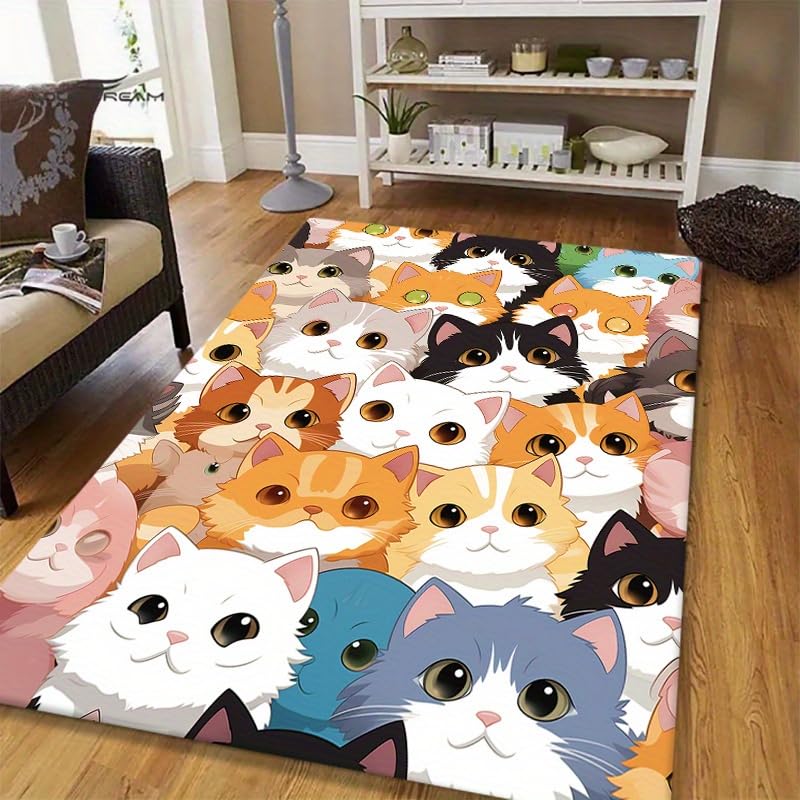 Bycmuoz Cartoon Cat Area Rugs, 180x230cm, Kawaii Cute Kitty Bedroom Carpets, Animal Pattern Soft Cozy Home Decorative Rug, Fade Resistant Durable Throw Mat for Bathroom Living Room