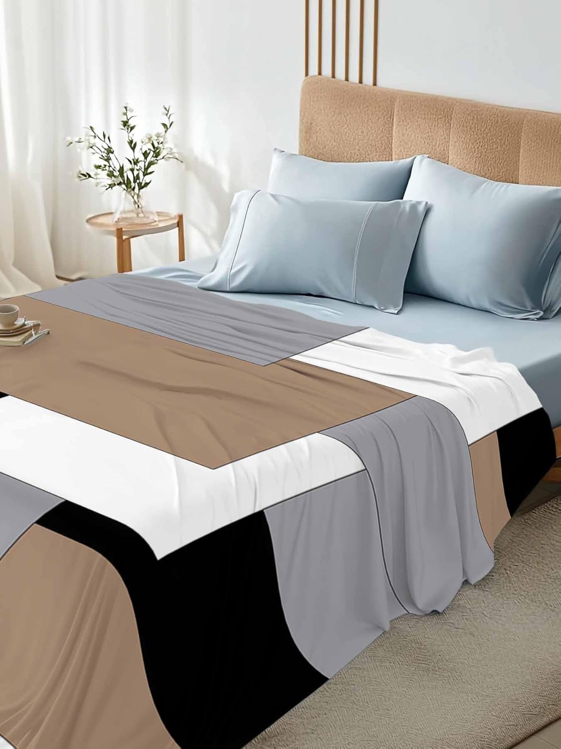 King Flat Sheet Top Sheet Only, Minimalist Art Geometric Check Color Blocks Soft Microfiber Breathable Bed Sheets, Colorful Hotel Luxury Bedding Flat Sheets