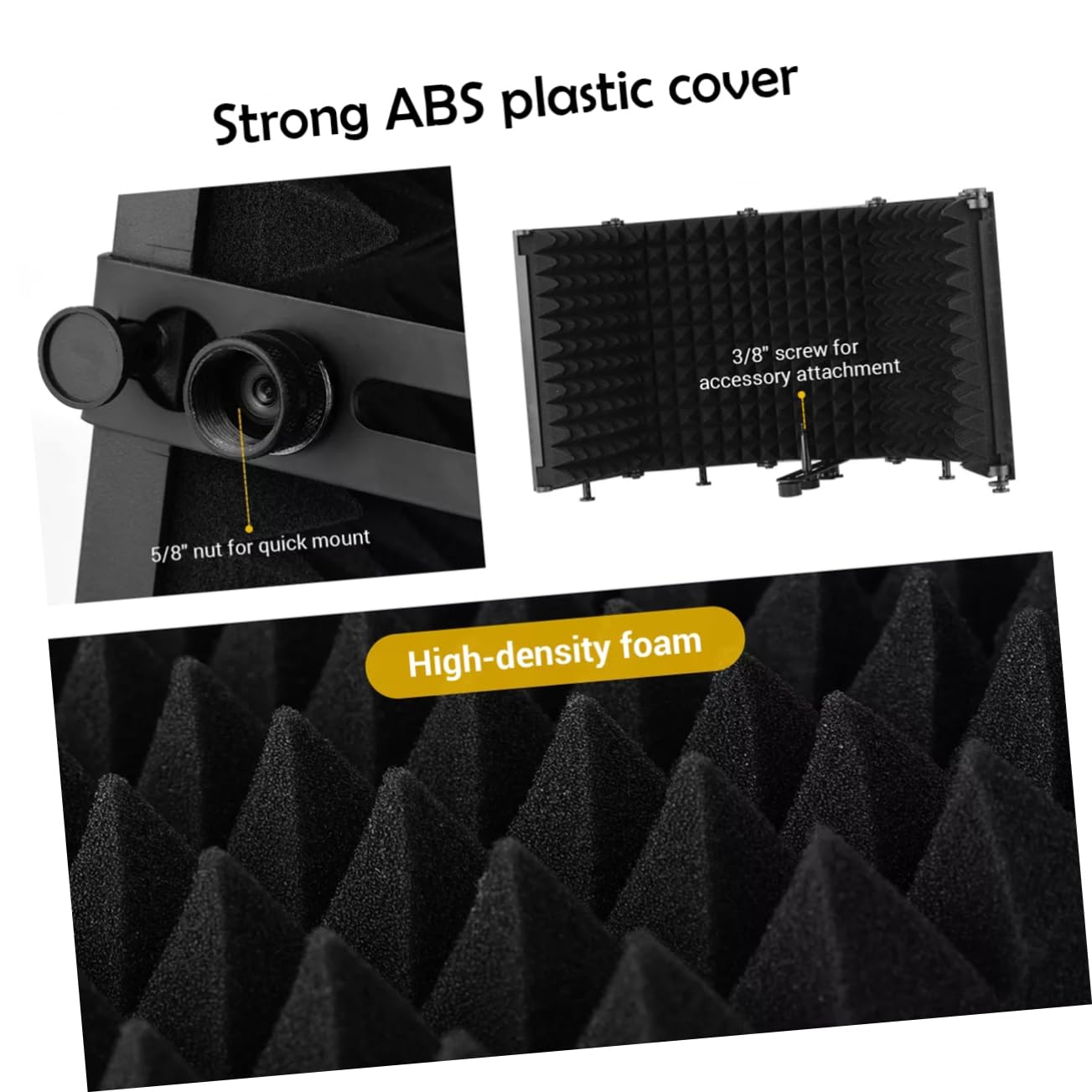 Protector de Aislamiento para Micrófono Plegable Negro de Abs | Pantalla Acústica para Grabación, Uso en Estudio y Mesa, Incluye Tornillos 3/8 a 5/8