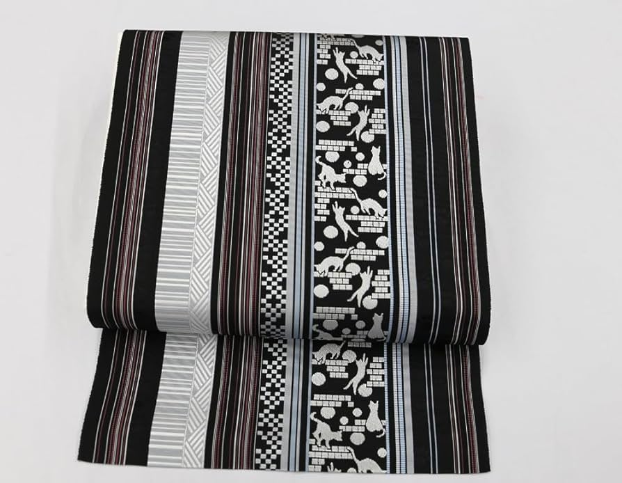 新品未仕立 夏物 博多帯 黒木織物 羅織 八寸名古屋帯 音符柄 白地① 仕立込 夏物 博多帯 黒木織物 羅織八寸名古屋帯 ねこ柄白地①仕立代