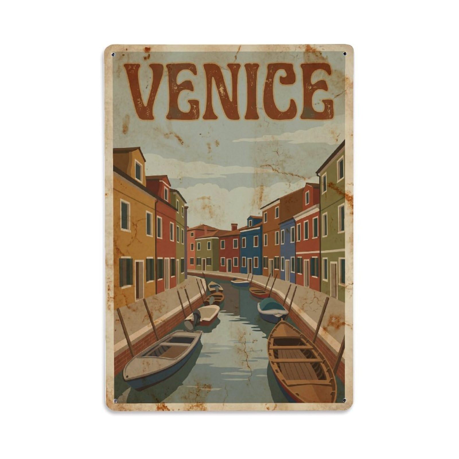 Vintage Travel Venice Colorful Houses Burano Island Rusted Italy Metal Tin Sign Plaque Wall Decor for Cafe, Club Bar, Office, Home Garden Metal Poster 8x12Inch