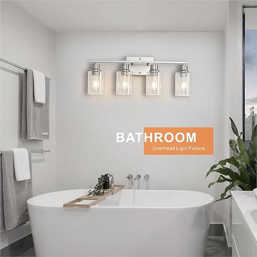 Miniatura 2 de Luces de tocador de níquel cepillado para baño, 4 luces de baño sobre espejo, apliques de pared modernos de granja con vidrio transparente para sala