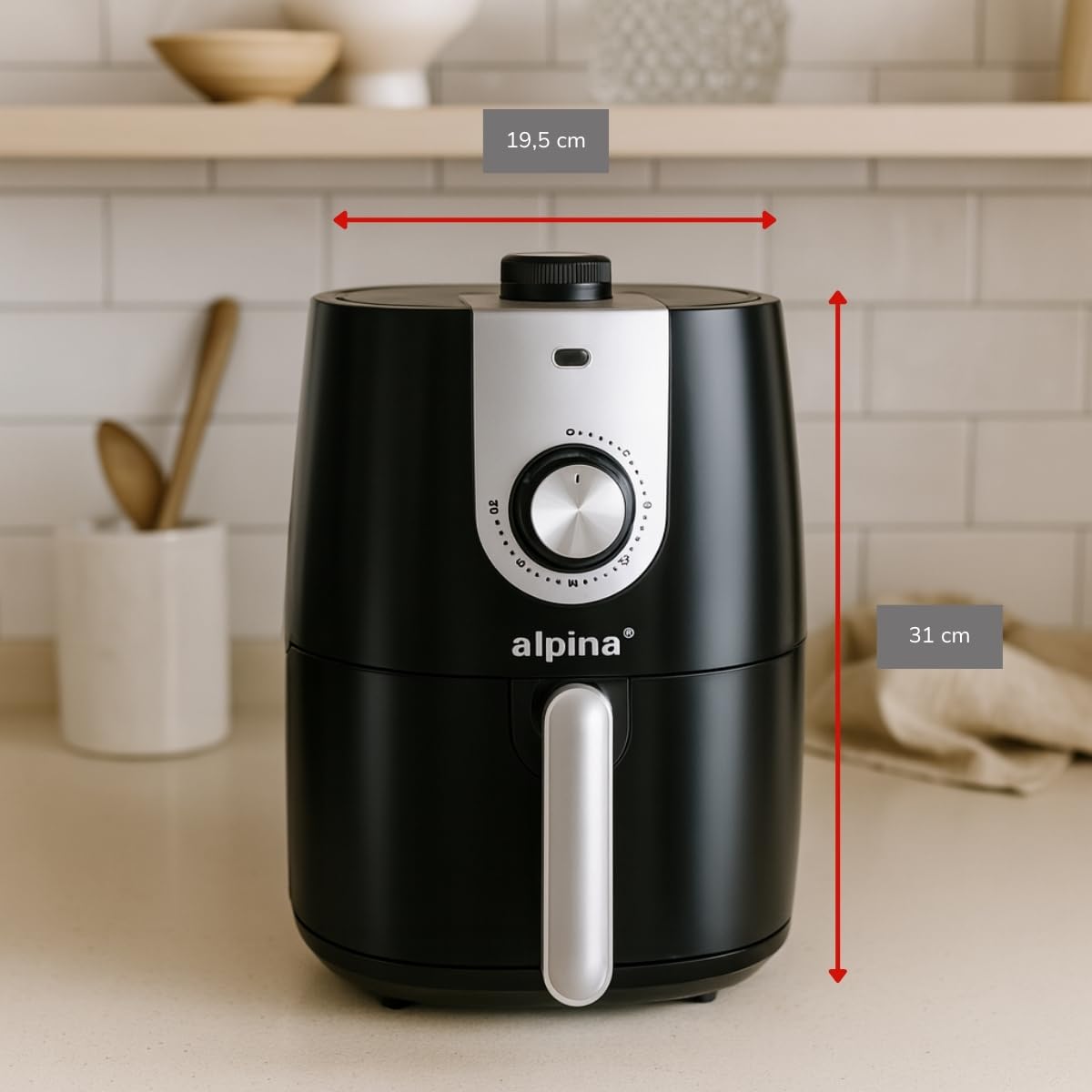 alpina Air fryer 2L - Airfryer Adaptée pour 2 à 3 Personnes - Friteuse sans Huile Electrique avec Minuterie et Température Réglable - Plastique - Noir