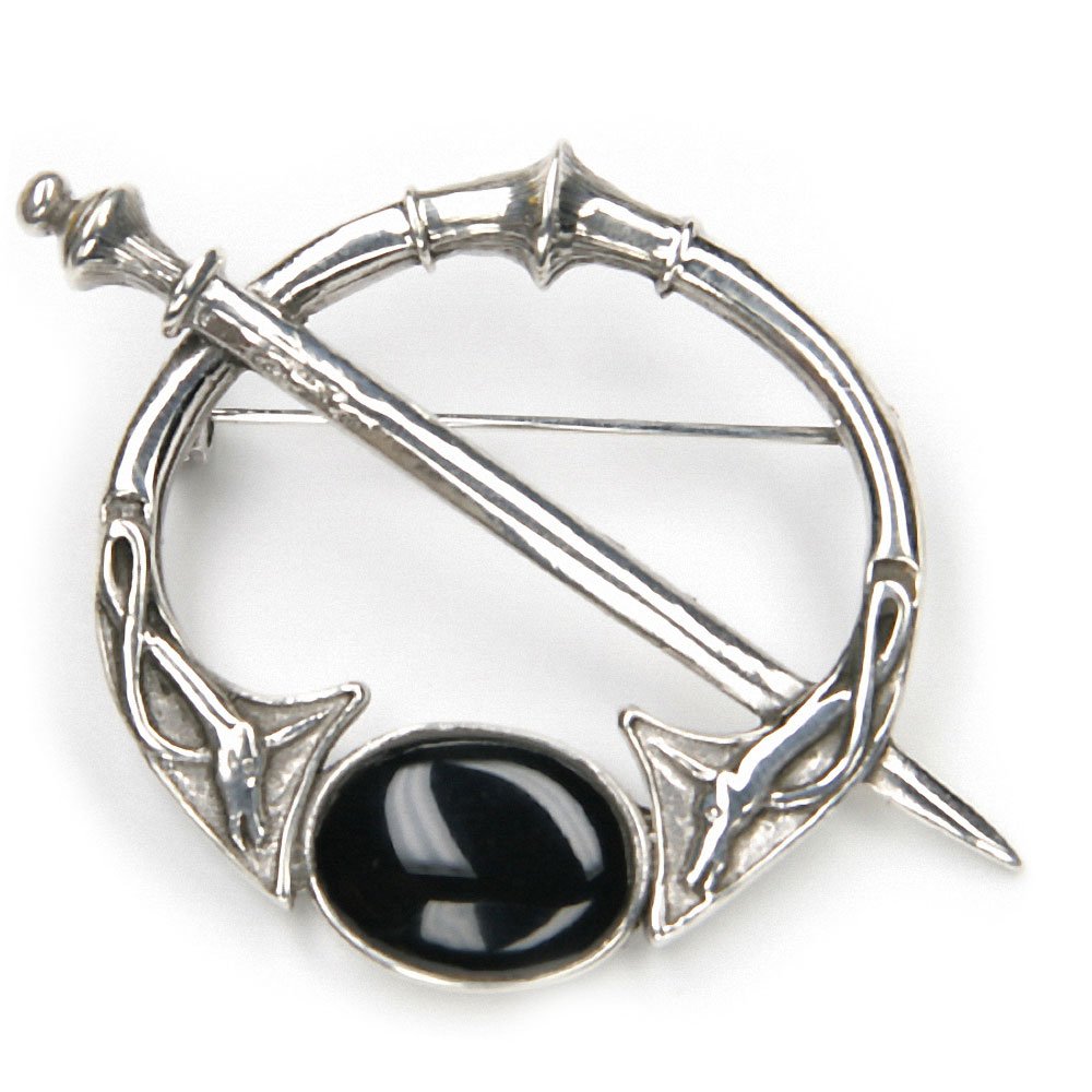 Keltische Brosche Fibel Gewandnadel 925 Sterlingsilber Onyx Mittelalter Wikinger Gothic Silberschmuck Damen Herren