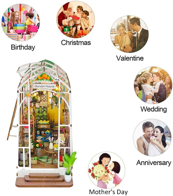 Miniatura 7 de Kit de rincón de libros de madera 3D, rompecabezas de bricolaje para casa de muñecas, sujetalibros de madera, modelo de construcción, rompecabezas