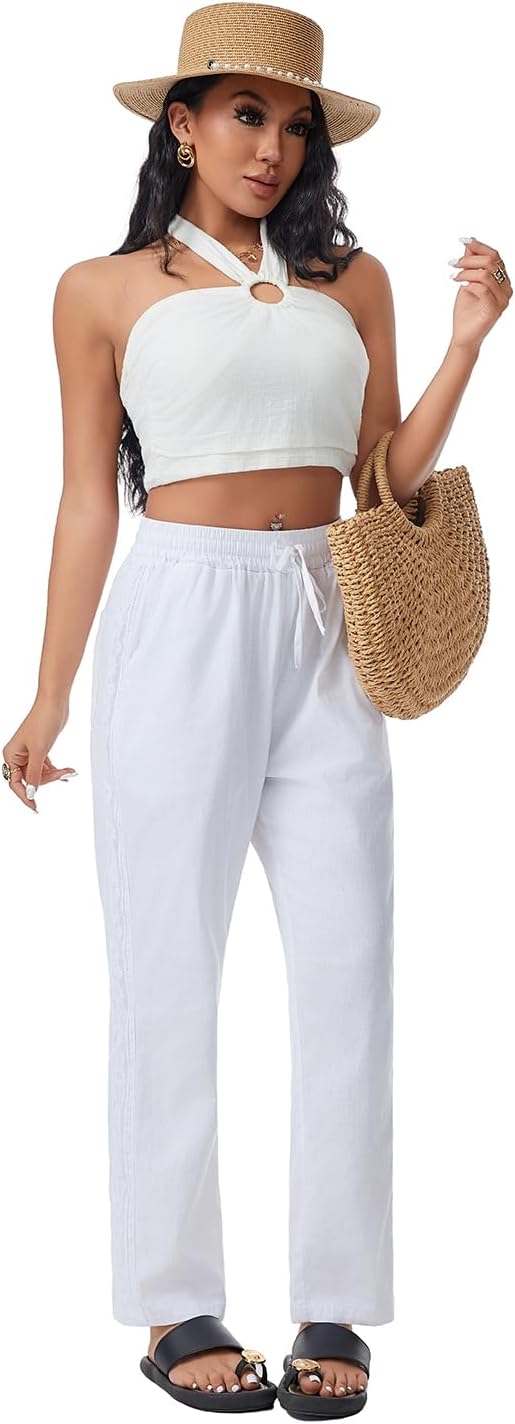 Women Linen Pants Drawstring Elastic Lightweight Capri Pants with Lace Side Summer Beach Casual Pants for Women - Image 3