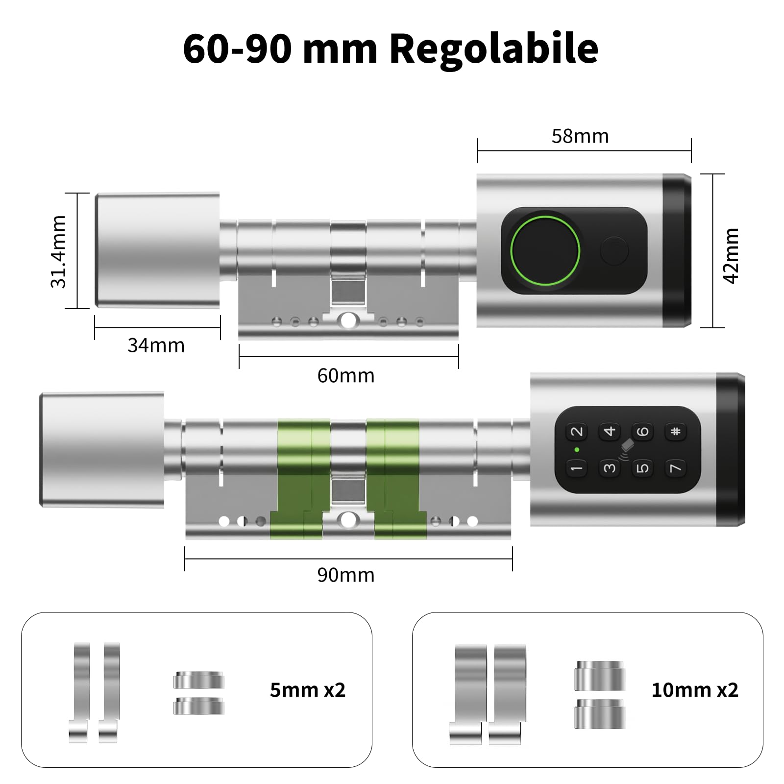Serratura connessa, serratura biometrica con cilindro a codice, compatibile con cilindri da 60 a 90 mm(30/30,45/45), utilizzabile con Bluetooth, App, impronta digitale e chiave per aprire il blocco