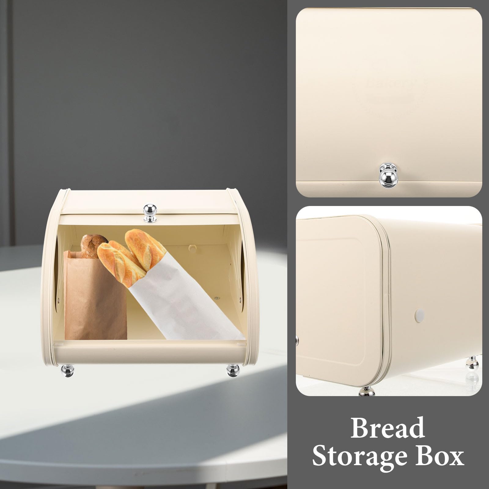 Abaodam Cassetta del Pane in Acciaio al Carbonio Beige Design Vintage Delicato, Salvaspazio e Buona Tenuta, Contenitore per Pane da Cucina Semplice e Funzionale