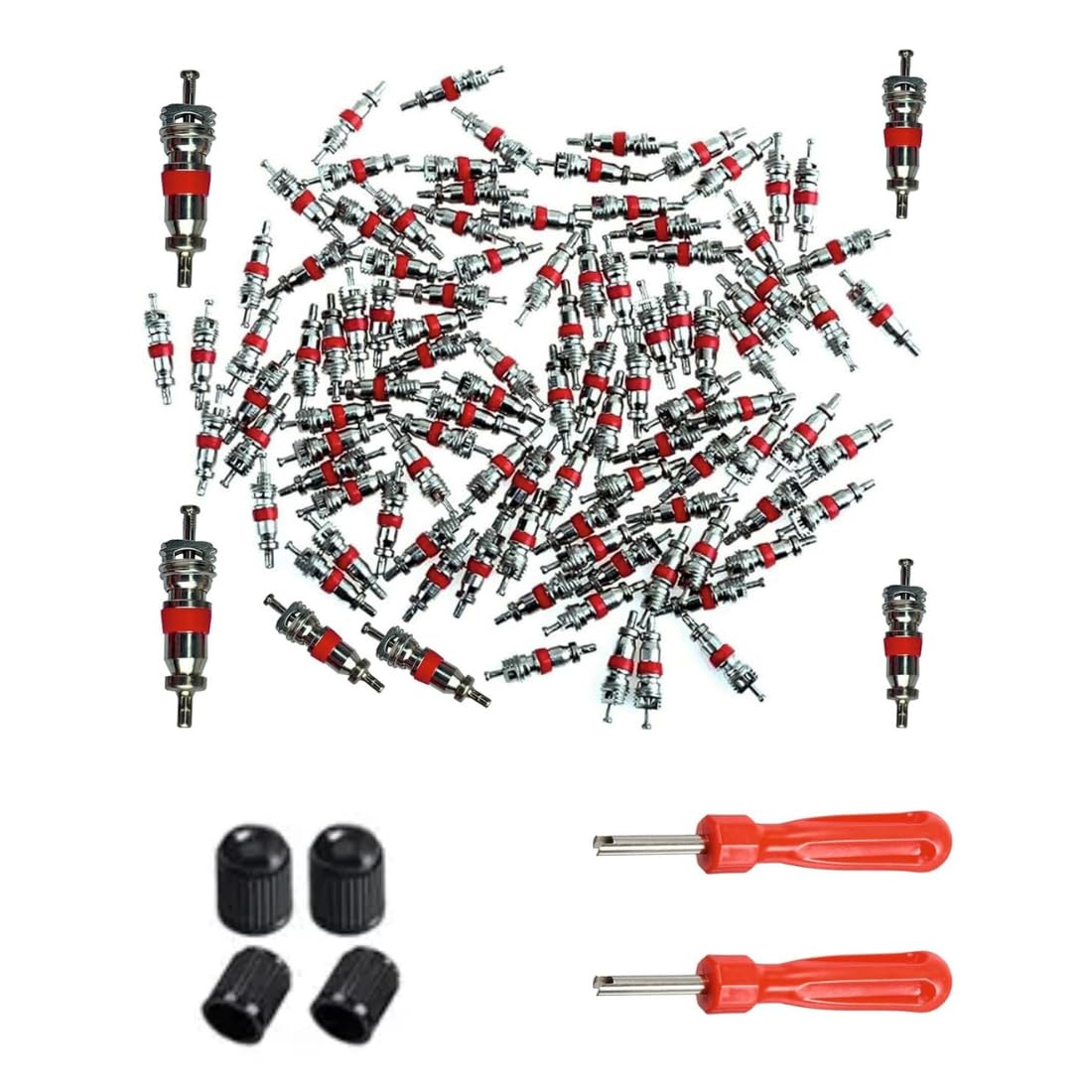 Air Flow Tire Repair Tool Set Combo - 3 in 1 Set (Single Head Valve Core Remover 2 Pcs +100 Pcs Car Bike Replacement Tire Tyre Valve Stem Core+ 4 pcs Dust Cap-image-45