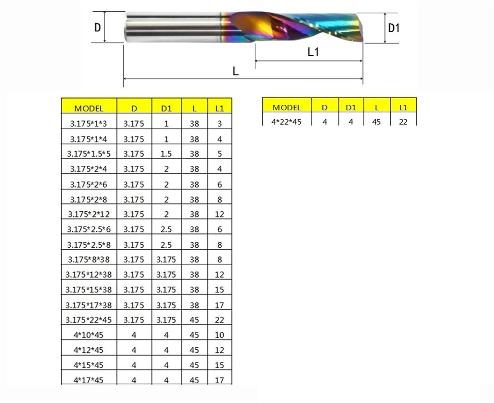 10 szt. 3,175 4 6 8 10 12 mm frez trzpieniowy z węglika spiekanego, frez powlekany do aluminium(10P 3.175x22x45L)