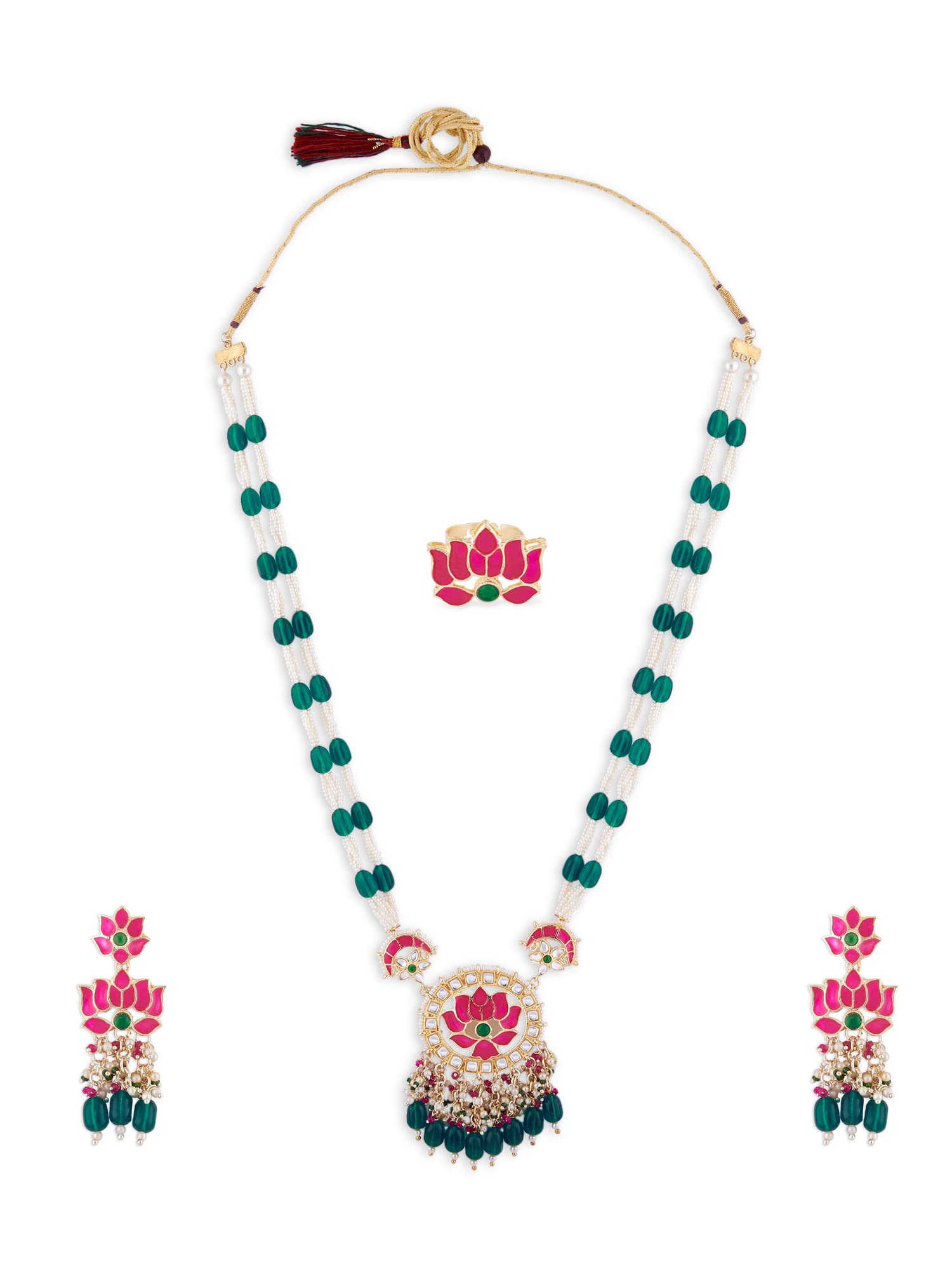 ZAVERI PEARLS Green & Pink Meenakari Lotus Design Long Necklace Earring & Ring Set For Women-ZPFK14812 (B0BFRFQV6L) Amazon Price History, Amazon Price Tracker