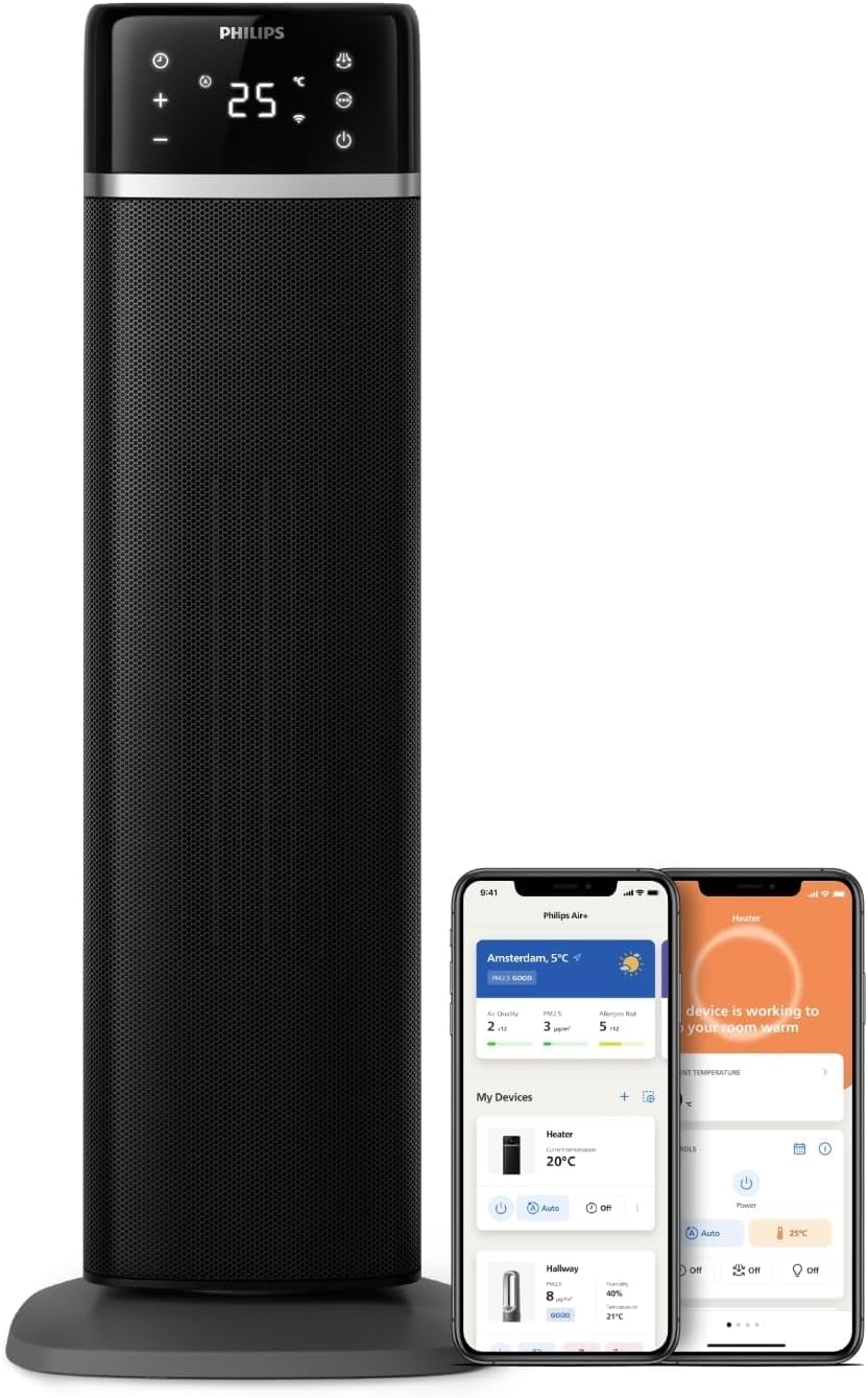 5000 Series Energy Efficient Connected Tower Fan Heater, 2000W, up to 50% energy savings, temperature display, 5 safety features, 4 modes, 60° oscillation, quiet, black & dark grey (CX5120/11)