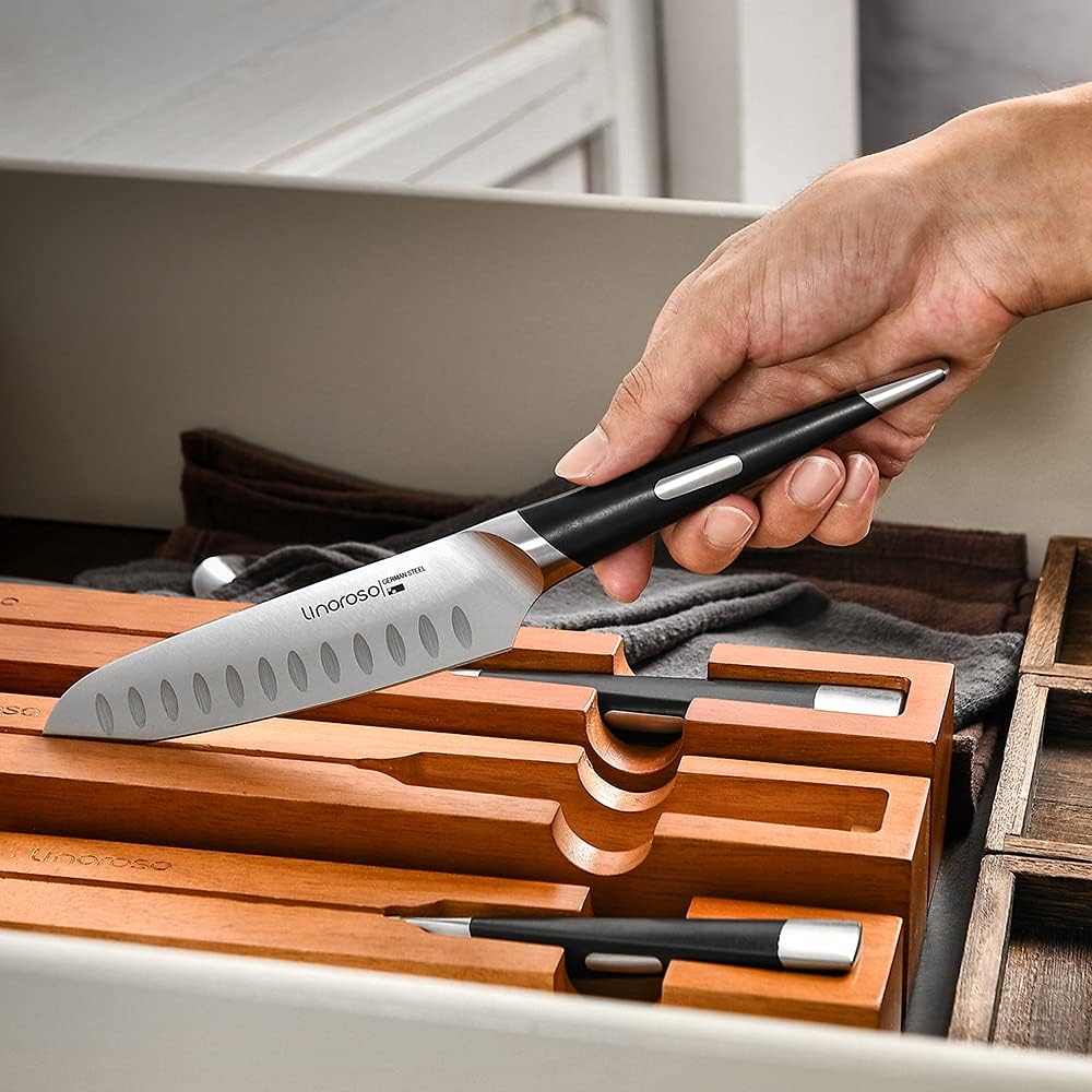 Linoroso Santoku Knife - Ultra Sharp German High-Carbon Stainless Steel, 6 inch - Mako Series with Exquisite In-Drawer Knife Block