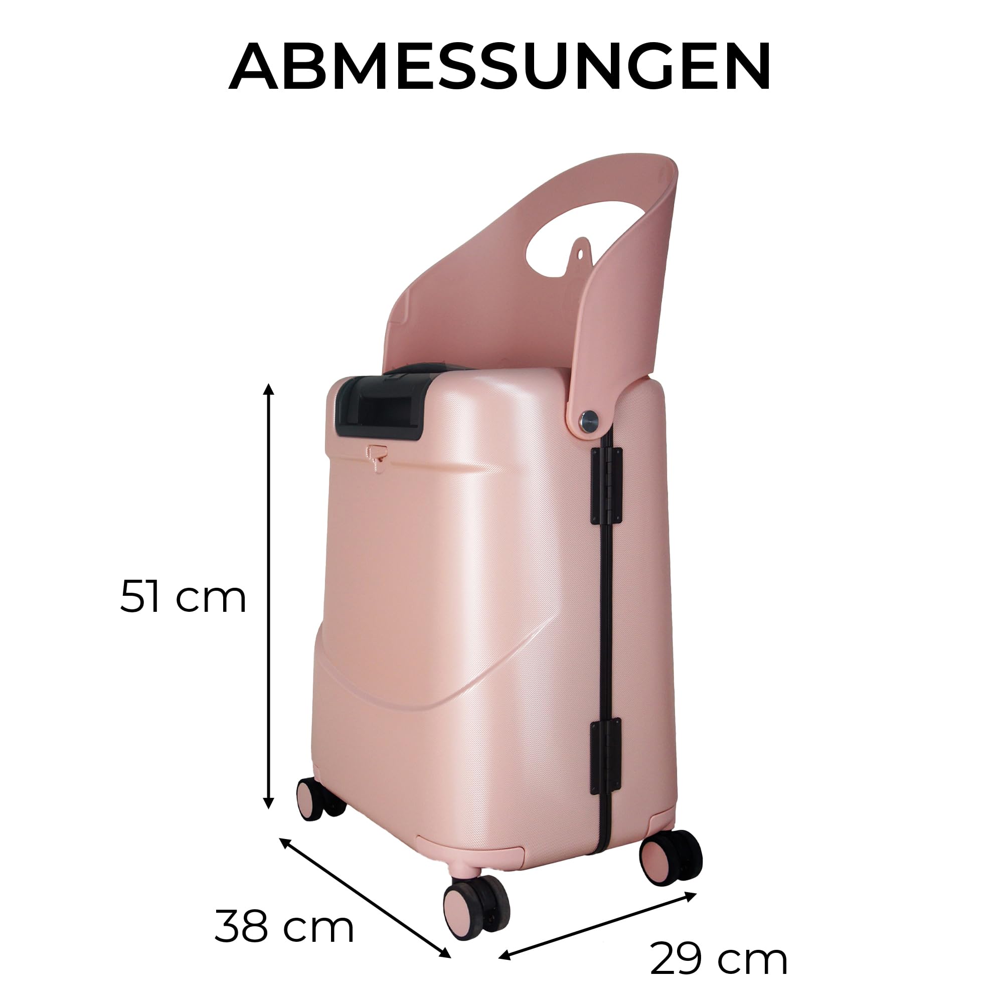 MiaMily Handgepäck mit 4 Rädern und Sitz für Kinder mit Sicherheitsgurt, wasserdichter Tasche, verstellbarem Griff und hartem Körper mit 43 Liter Fassungsvermögen
