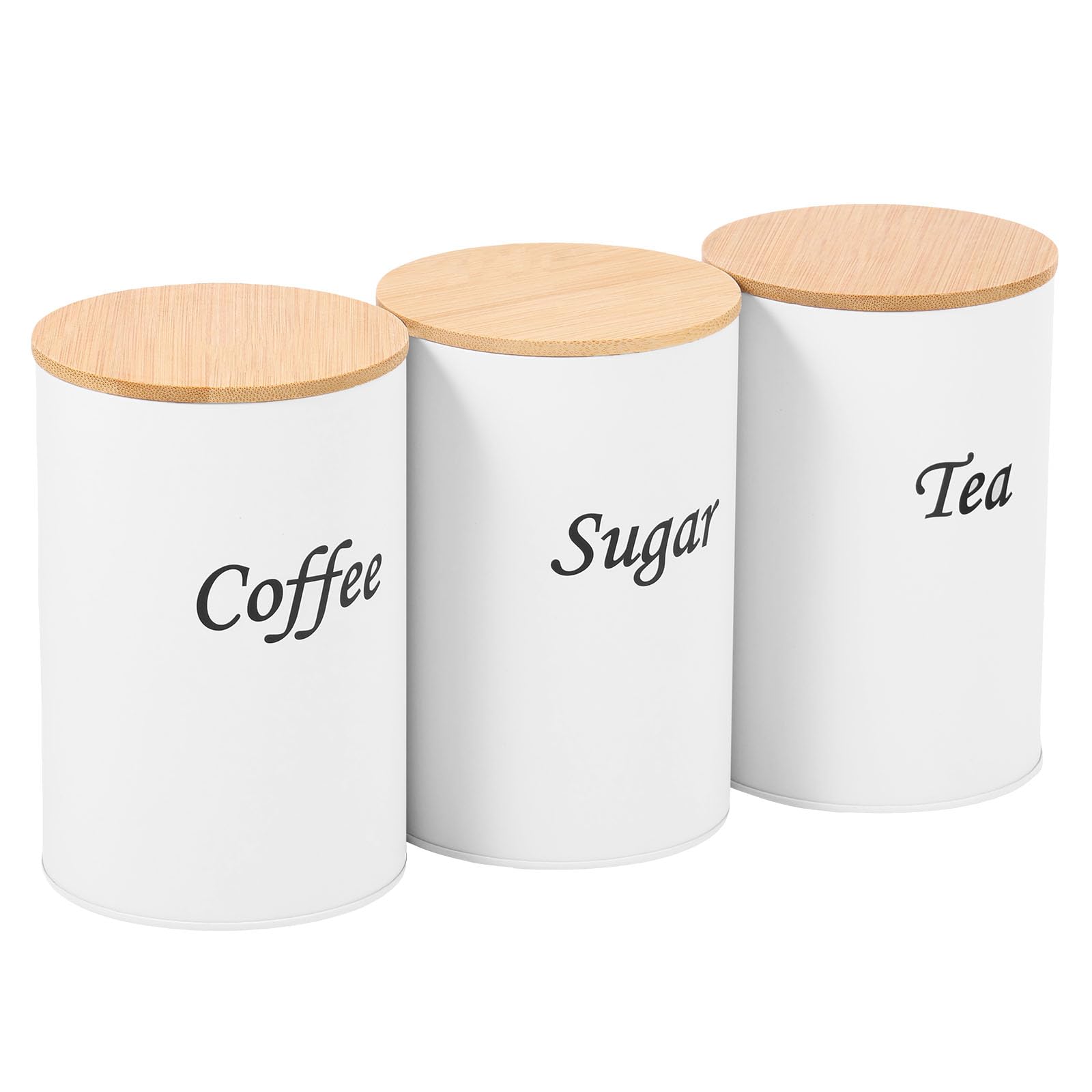Ktcina White 3Pcs Tea Coffee Sugar Canisters With Bamboo Lid, 1000Ml Airtight Food Storage Jars Round Kitchen Canister Set Metal Food Storage Container Bin For Coffee Sugar Tea Beans Grains Pasta (White)