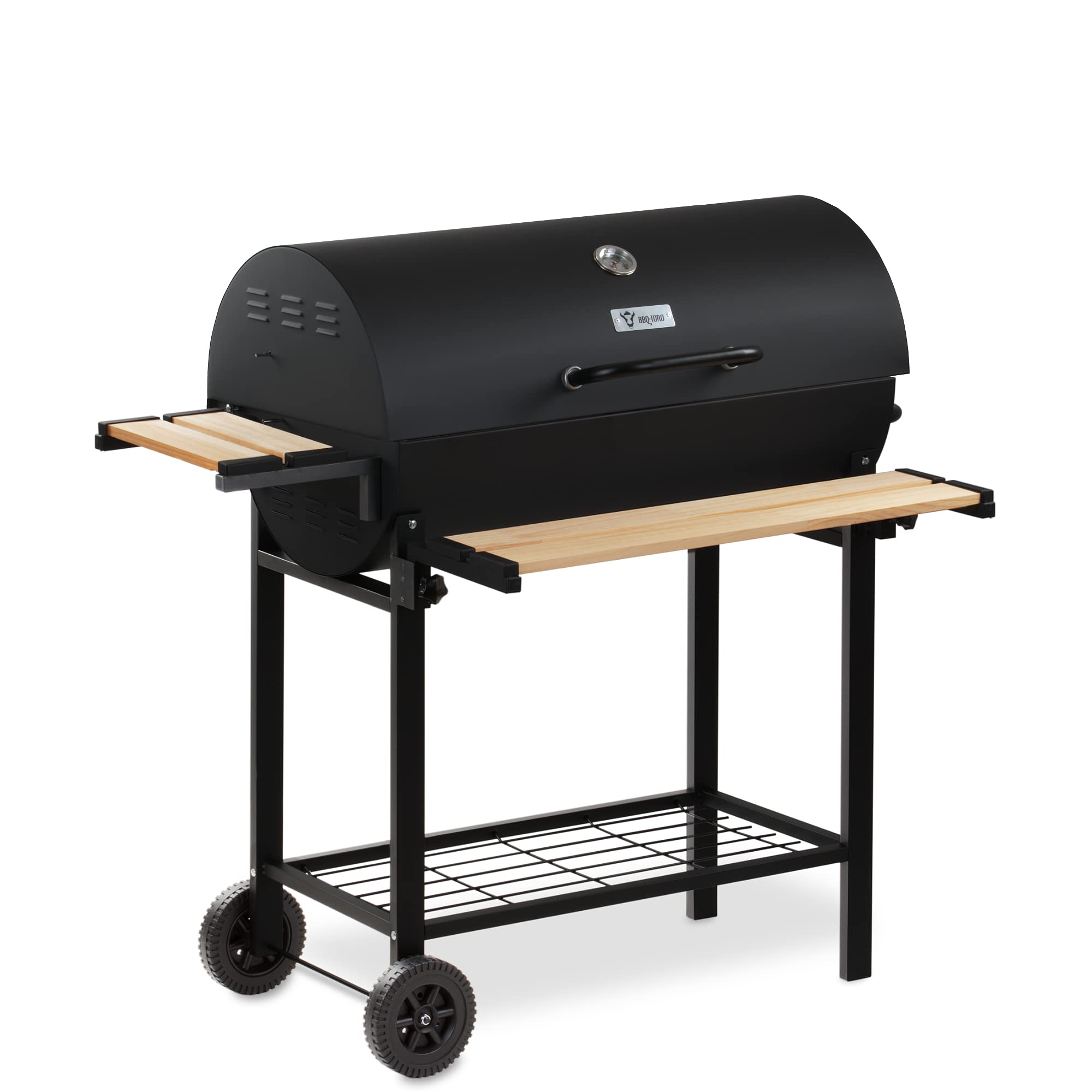 BBQ-Toro Wózek grillowy na węgiel drzewny z pokrywką | Ø 80 x (dł.) 42 cm | Ruchomy wózek na węgiel drzewny, w zestawie termometr, ruszt do podgrzewania, drewniane półki | wędzarnia, grill na węgiel
