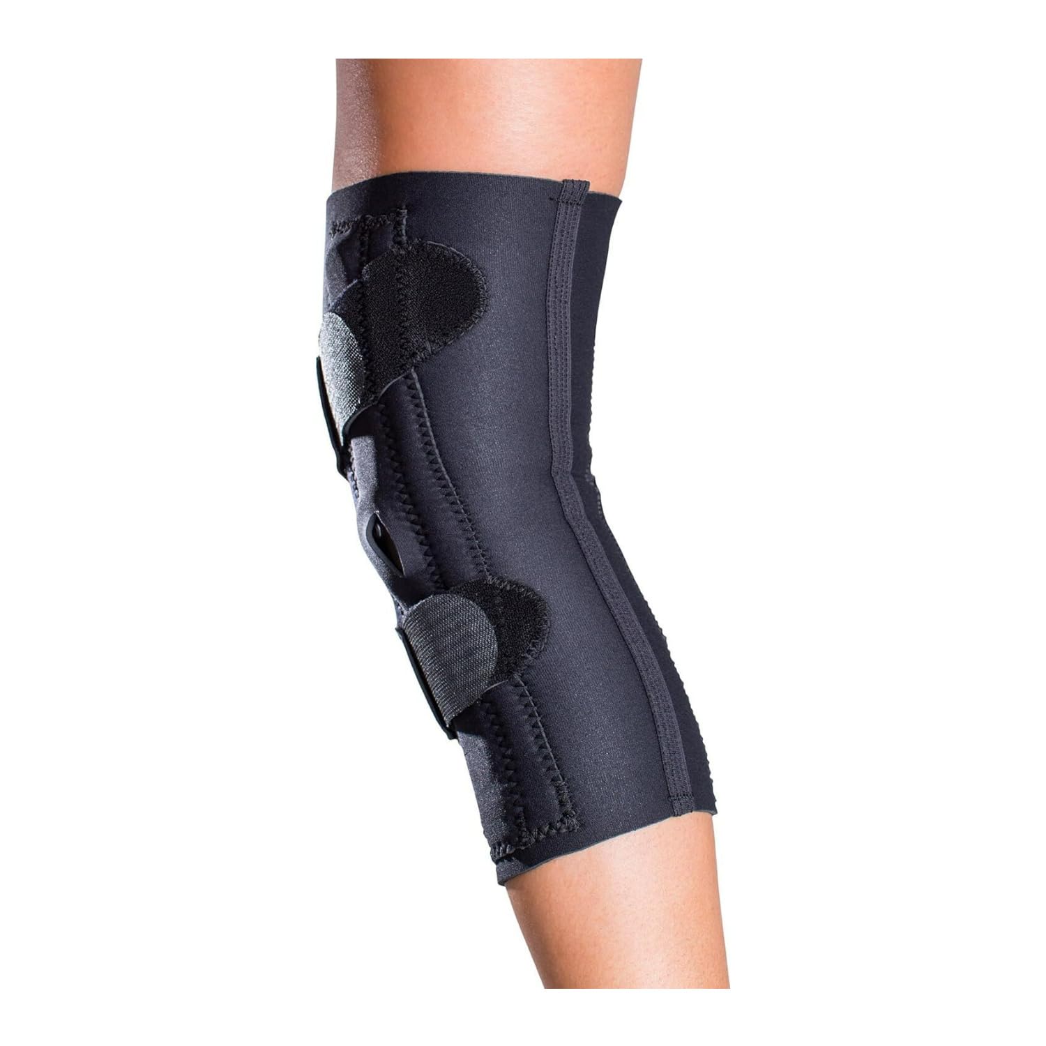 DonJoy Rodillera lateral J (pierna derecha, mediana) | Funda de neopreno con bisagras con refuerzo lateral en J para soporte rotuliano, pierna derecha. Sku 11-0775-3