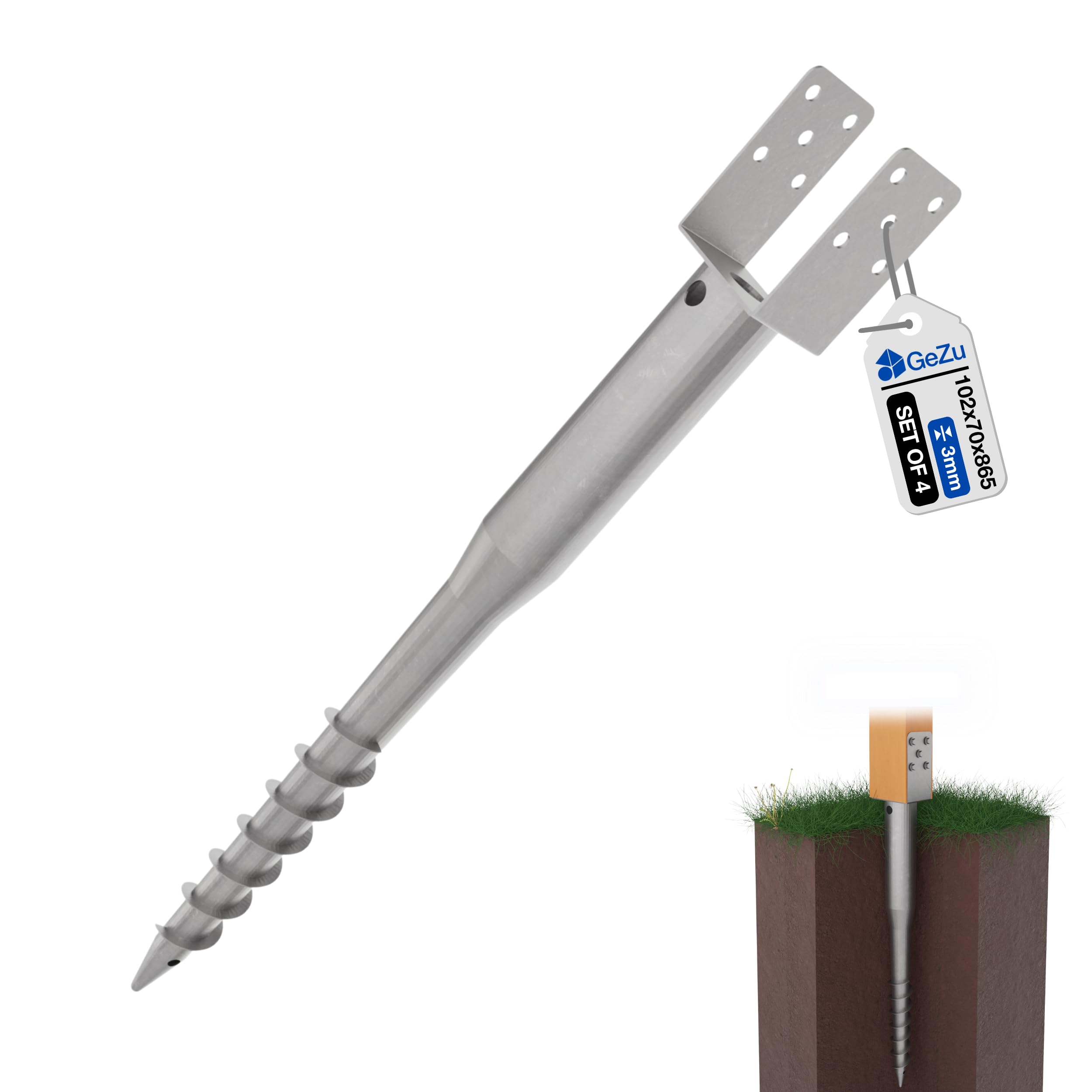 GeZu Impex Ground Screw 102 x 102 x 865 mm Hot Dip Galvanised Set of 4 Single Screw Floor Sleeves, Pole, Support Legs