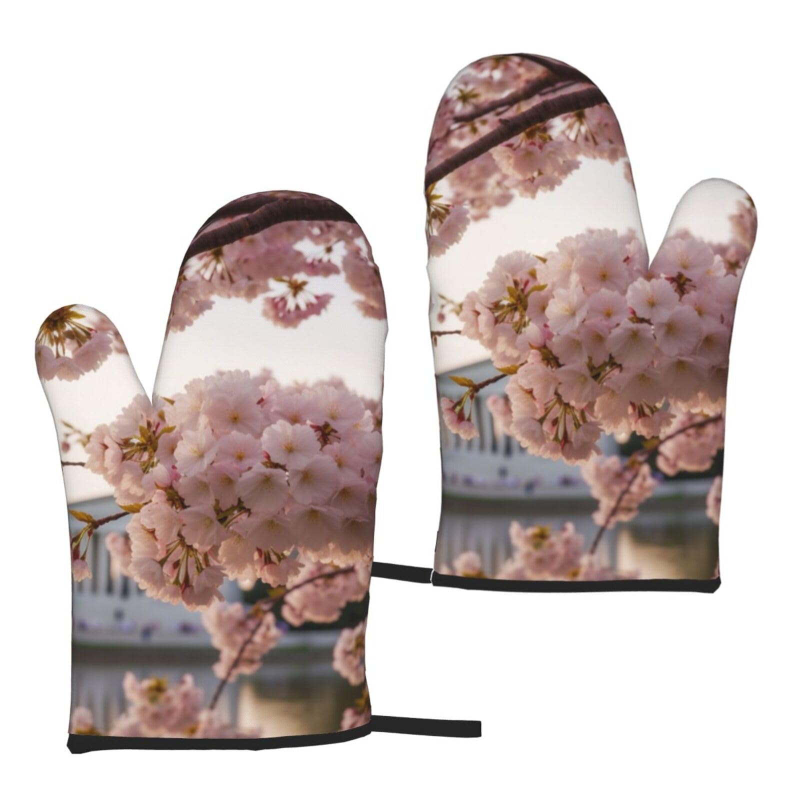 Cherry Blossoms Printed Oven Mitts Sets 2 PCS Heat Resistant and Non-Slip Glove Potholder for Kitchen Cooking Baking Grilling