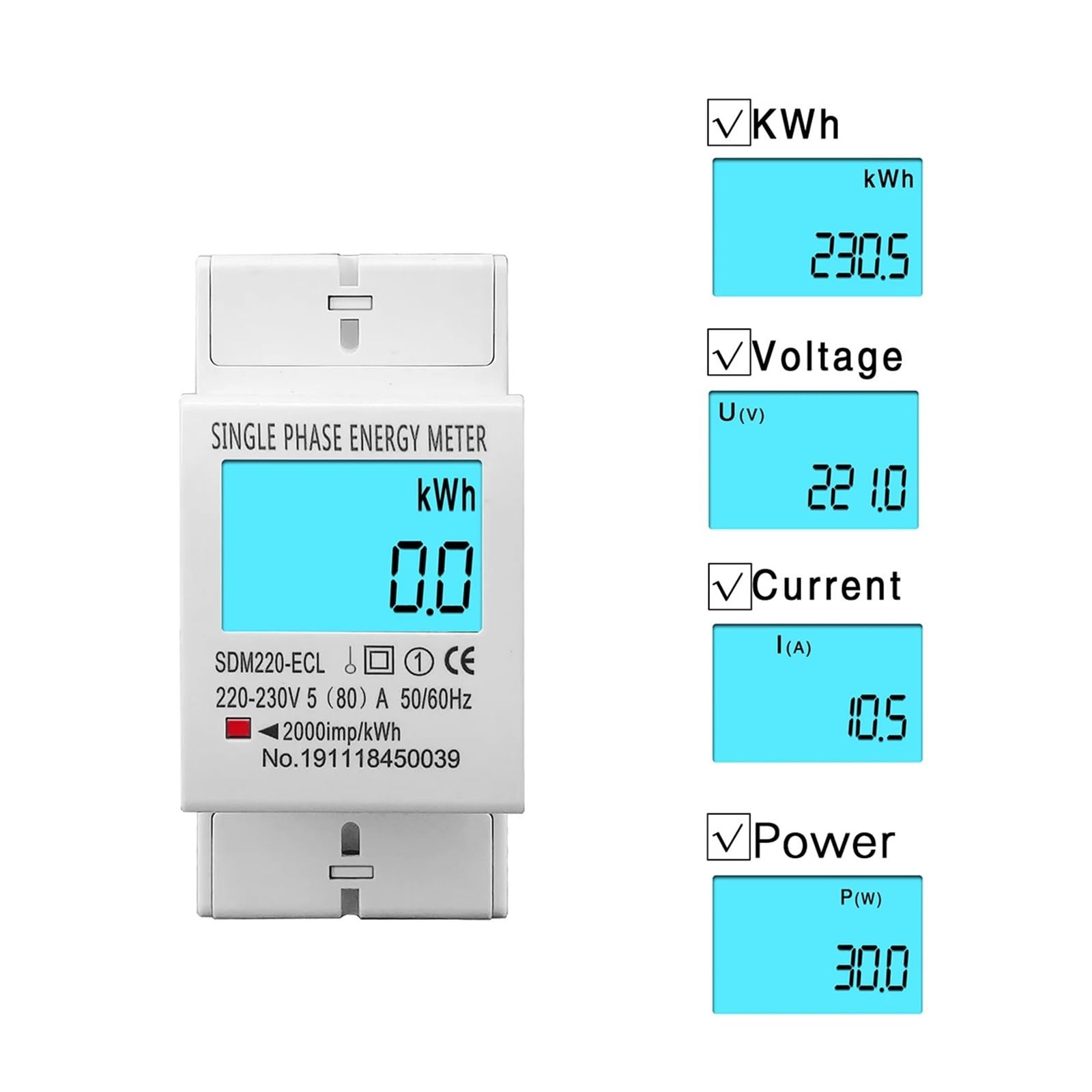 Licznik energii 80A Szyna Din Jednofazowy Dwuprzewodowy AC 220 V 230 V 50 Hz/60 Hz Cyfrowy wyświetlacz Zużycie energii Licznik energii elektrycznej kWh(With Backlight)