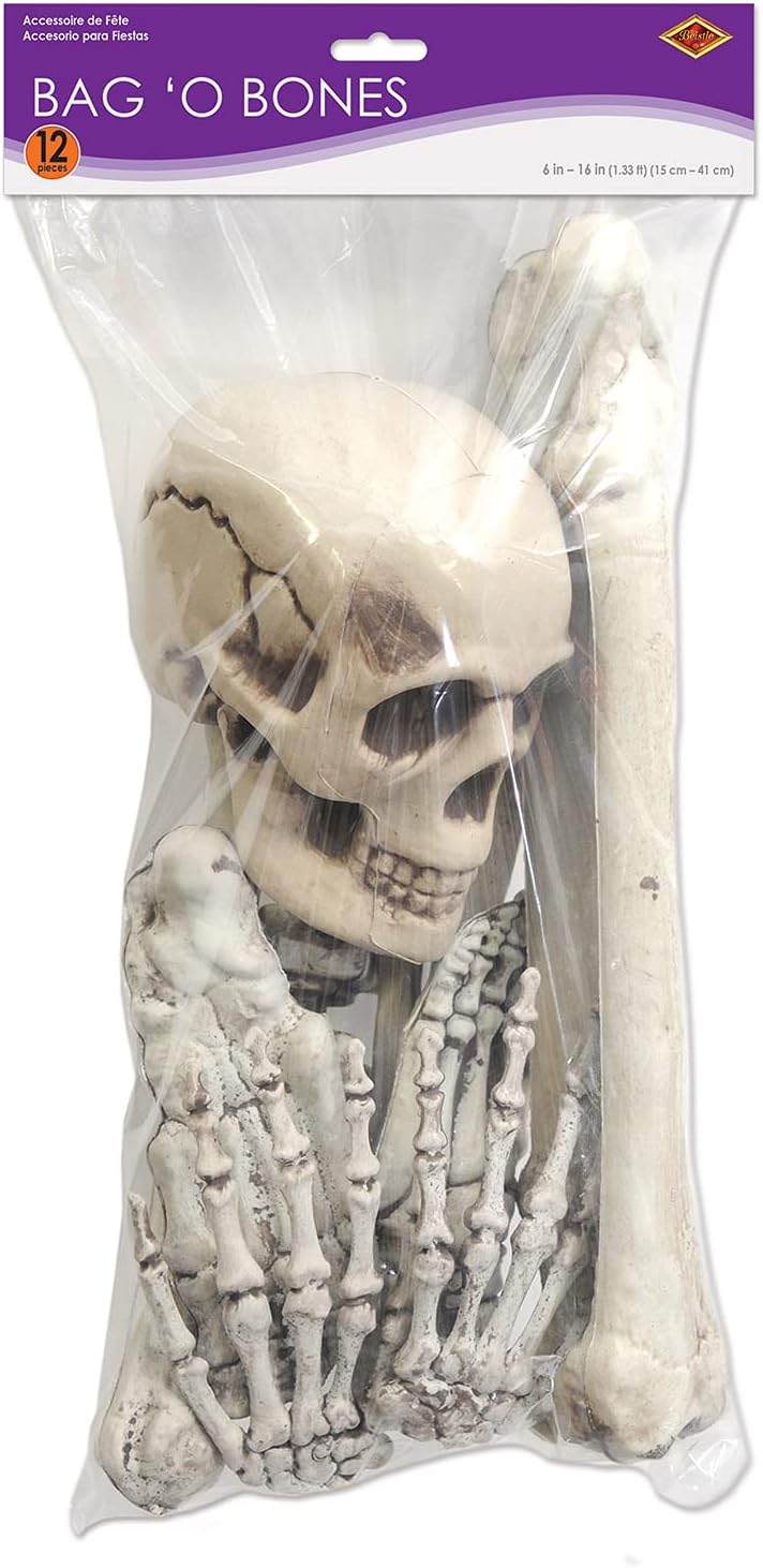 Skeleton Decoration Bone Décor Beistle 12 Piece Plastic Novelty Skeleton Bones and Skull Horror Haunted House Prop Decorations Spooky Halloween Party Supplies, 6"-16", Off White/Gray