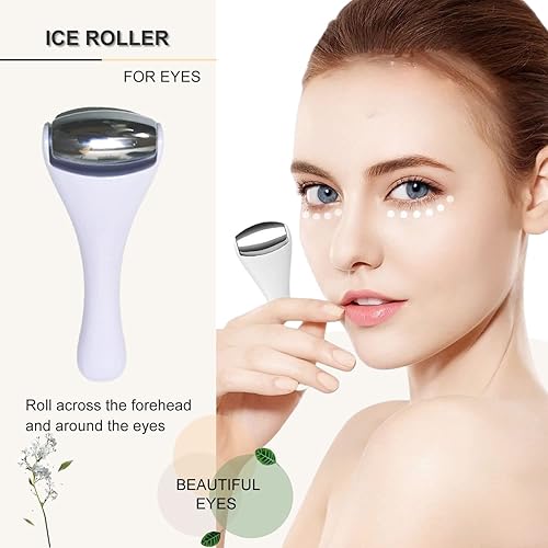 Miniatura 3 de Rodillo de hielo y masajeador para cara y ojos, acero inoxidable, 2 piezas, alivio del dolor, ojeras, migraña (blanco)