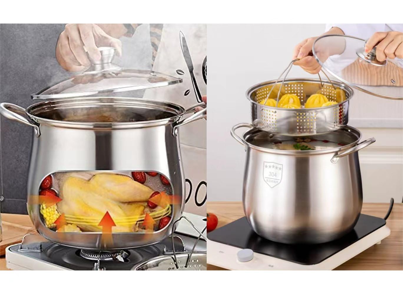 Amazon | 蒸し鍋 蒸し料理 蒸し器ラック付き深型両手鍋 ステンレス製