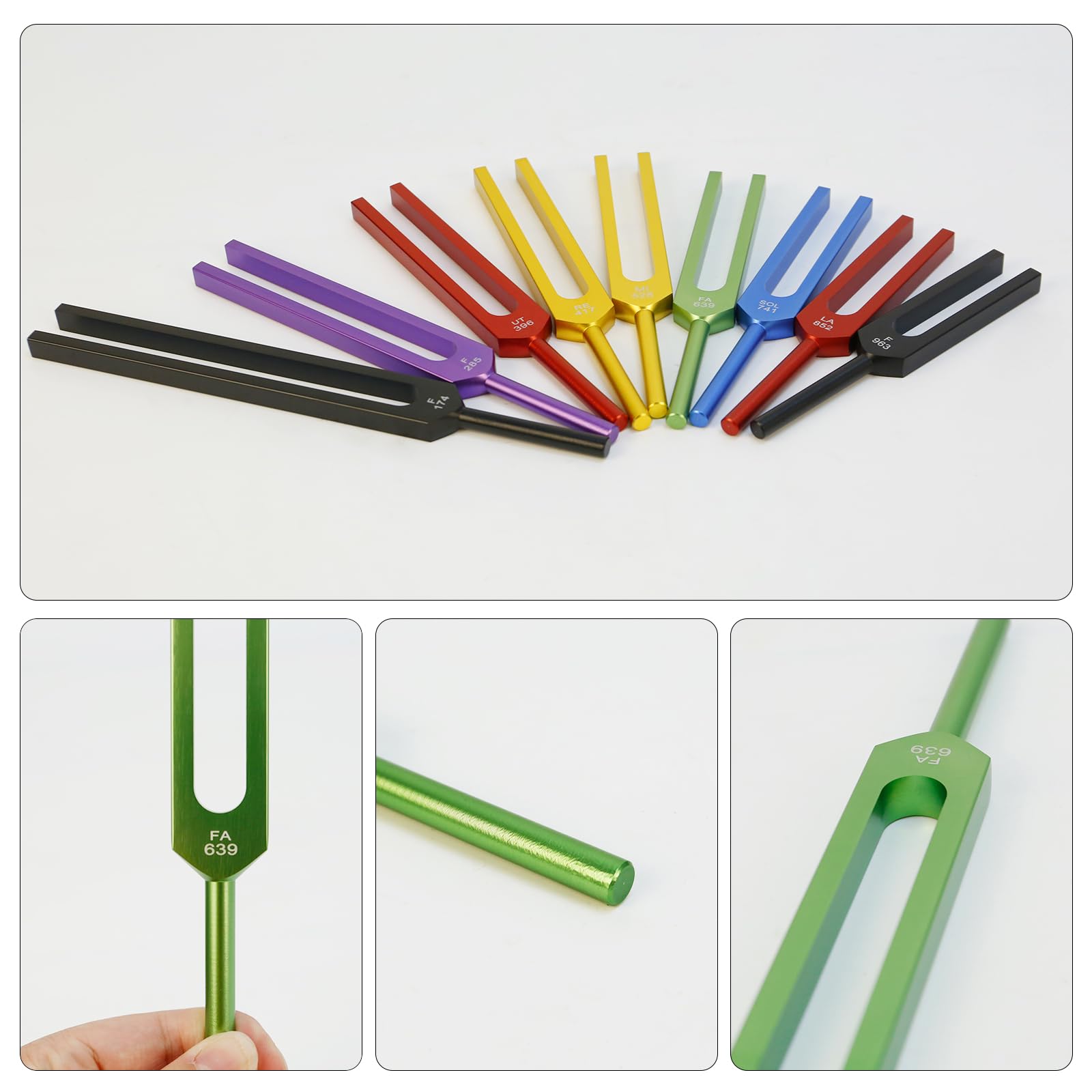 Diapasón Solfeggio, Set de 9 Diapasones de Colores en Aleación de Aluminio con 2 Martillos de Silicona, para Yoga y Relajación (174 Hz, 285 Hz, 396 Hz, 417 Hz, 528 Hz, 639 Hz, 741 Hz, 852 Hz, 963 Hz)