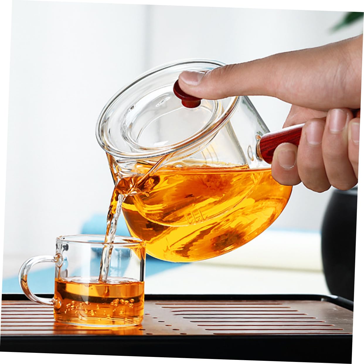 ULTECHNOVO Glas Teekanne Mit Sieb Für Tee Zubereitung Tragbar Für Haushaltsbedarf Transparent Mit Holzgriff Für Einfache Handhabung Und Reinigung